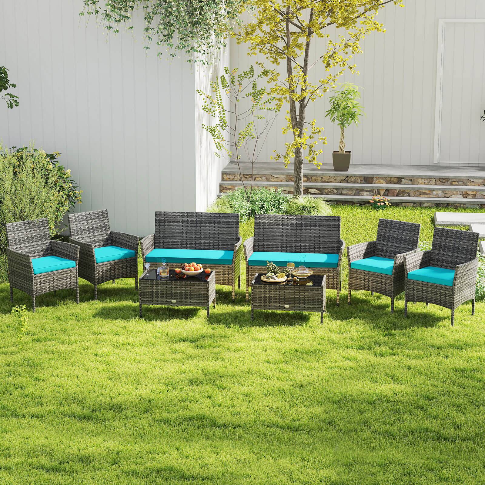 Alt View 1. Costway - Costway 8 PCS Patio Furniture Set with Washable Cushions and Tempered Glass Coffee Table - Turquoise.