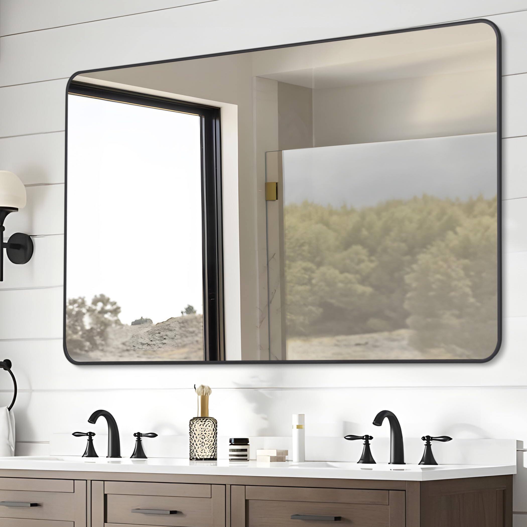 Front. Cedar Assembly - Bathroom Mirror For Wall Rectangle Mirrors With Metal Frame Modern Vanity Decor Entryway Hangs Living Roo... - Rounded Corner-60"L x 40"W.