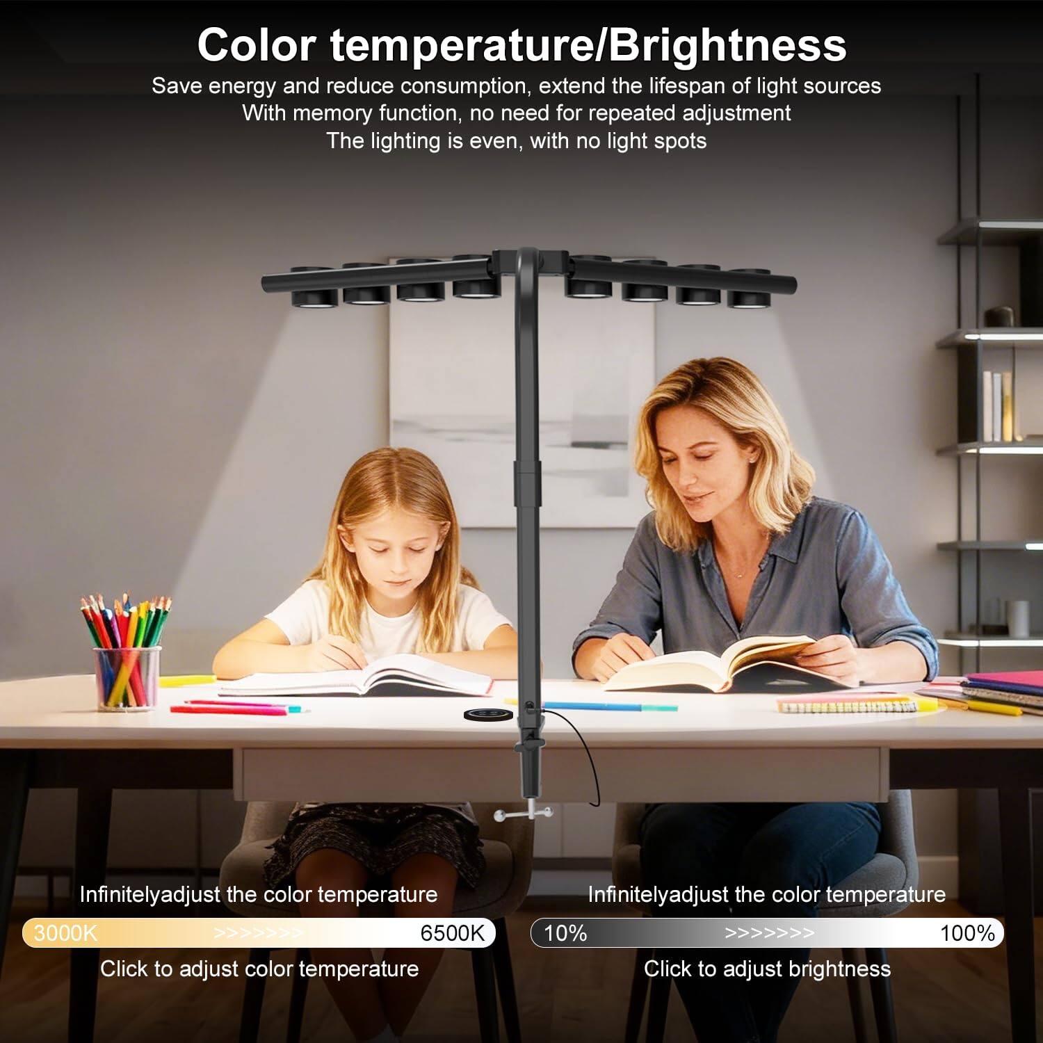 Color temperature/Brightness

Save energy and reduce consumption, extend the lifespan of light sources  
With memory function, no need for repeated adjustment  
The lighting is even, with no light spots  

Infinitely adjust the color temperature  
3000K 6500K  
Click to adjust color temperature  

Infinitely adjust the color temperature  
10% >>>>>>> 100%  
Click to adjust brightness