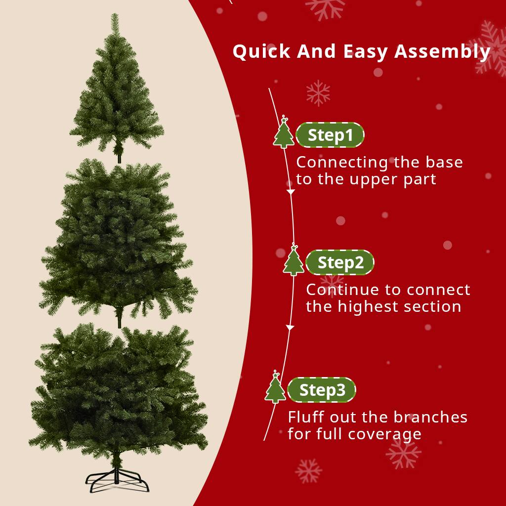 Quick And Easy Assembly

Step 1: Connecting the base to the upper part

Step 2: Continue to connect the highest section

Step 3: Fluff out the branches for full coverage