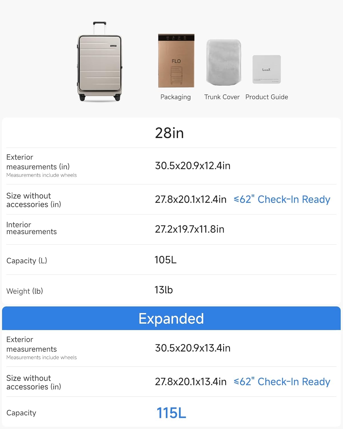 FLO  
Packaging Trunk Cover Product Guide  

28in  

Exterior measurements (in)  
30.5x20.9x12.4in  
Measurements include wheels  

Size without accessories (in)  
27.8x20.1x12.4in  

Interior measurements  
27.2x19.7x11.8in  

Capacity (L)  
105L  

Weight (lb)  
13lb  

Expanded  

Exterior measurements (in)  
30.5x20.9x13.4in  
Measurements include wheels  

Size without accessories (in)  
27.8x20.1x13.4in  

Capacity (L)  
115L  

<62" Check-In Ready