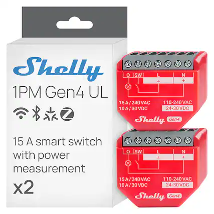 Shelly 1PM Gen4 UL
15A/240VAC
110-240VAC
10A/30VDC
24-30VDC
15 A smart switch with power measurement x2
Shelly Gen4