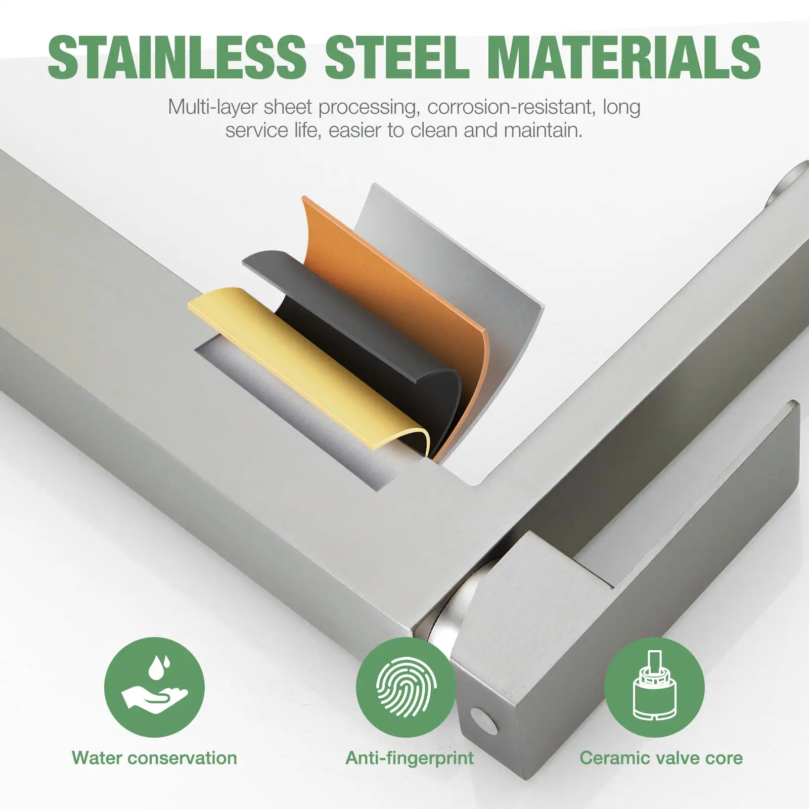 STAINLESS STEEL MATERIALS
Multi-layer sheet processing, corrosion-resistant, long service life, easier to clean and maintain.
Water conservation
Anti-fingerprint
Ceramic valve core