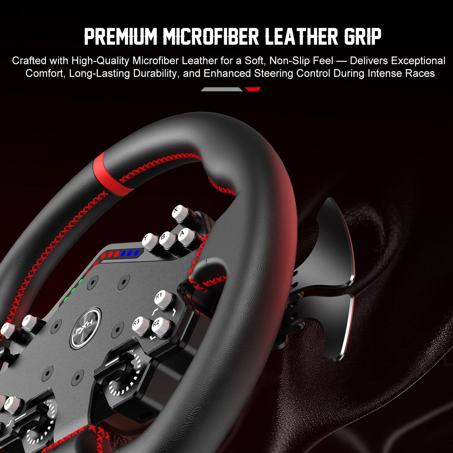 PREMIUM MICROFIBER LEATHER GRIP  
Crafted with High-Quality Microfiber Leather for a Soft, Non-Slip Feel — Delivers Exceptional Comfort, Long-Lasting Durability, and Enhanced Steering Control During Intense Races