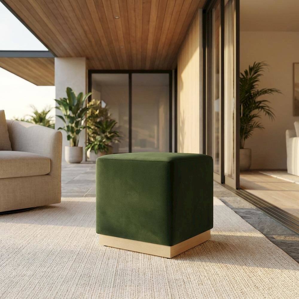Angle. Outdoor Escape - Performance Velvet Upholstered Ottoman With Square Design And Compact Size - Green.