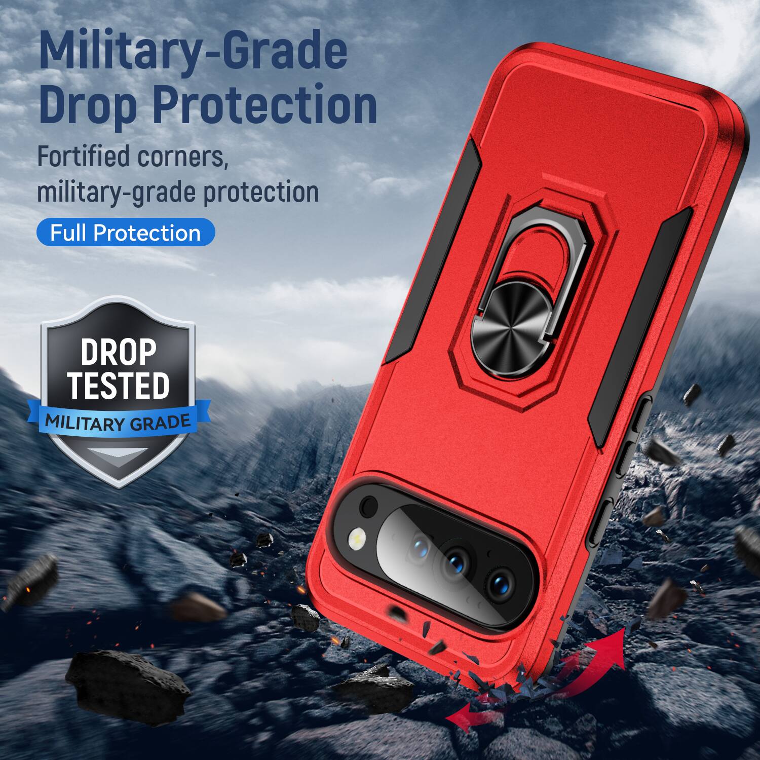 Military-Grade Drop Protection  
Fortified corners, military-grade protection  
Full Protection  

DROP TESTED  
MILITARY GRADE