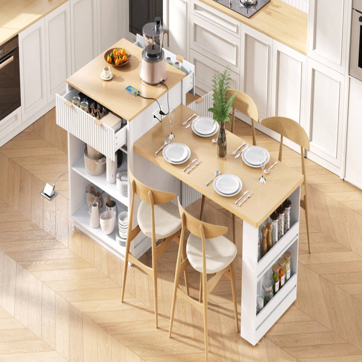 Alt View 7. Loheer - White Fluted Kitchen Island with Extendable Dining Table, 82.6-Inch Rectangular Island with Power Outlet - White.