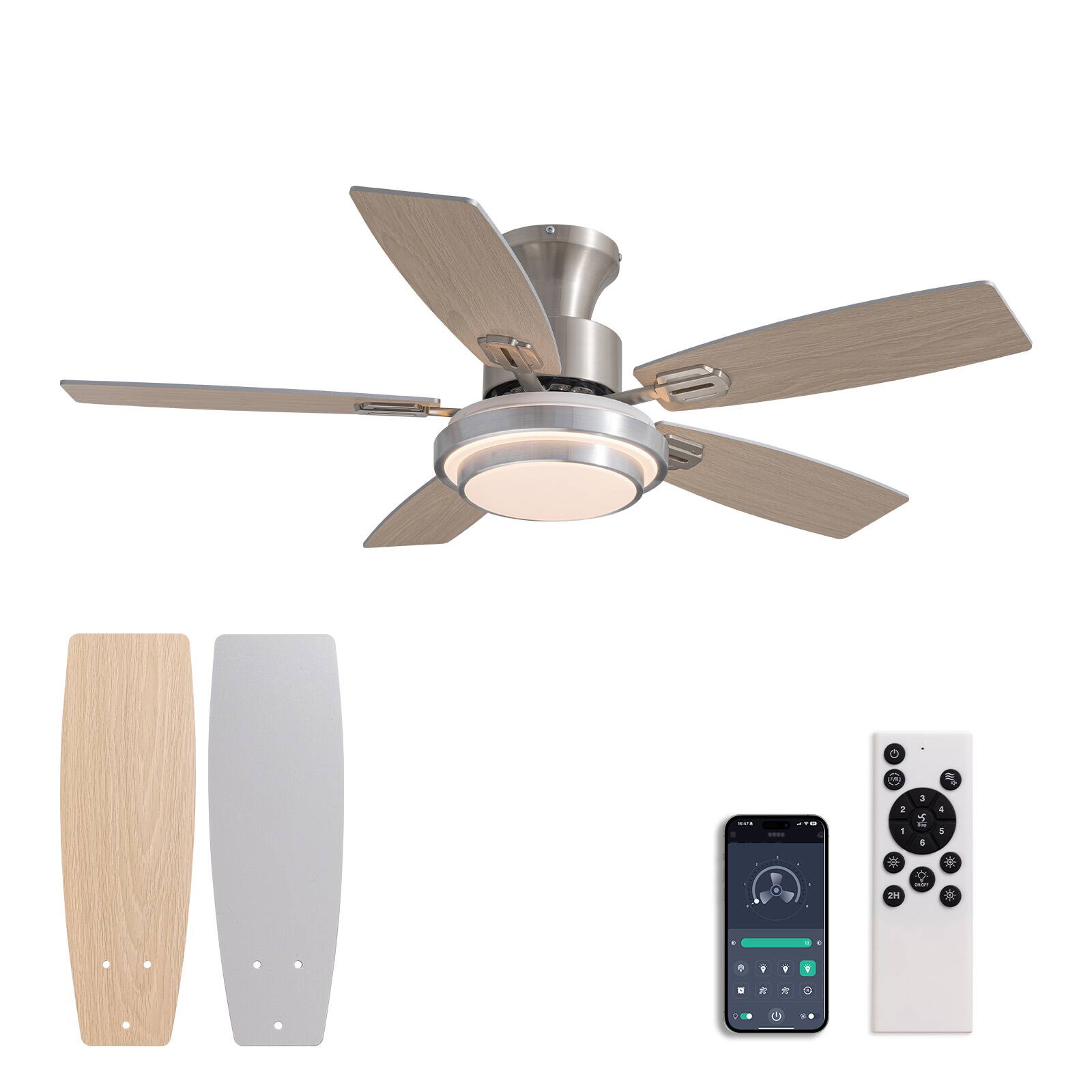 Siljoy - 42 In Nickel Flush Mount Ceiling Fan with LED Lights Low Profile Design 5 Blades Dual Colors for Bedroom Living Room - Gloss Nickel