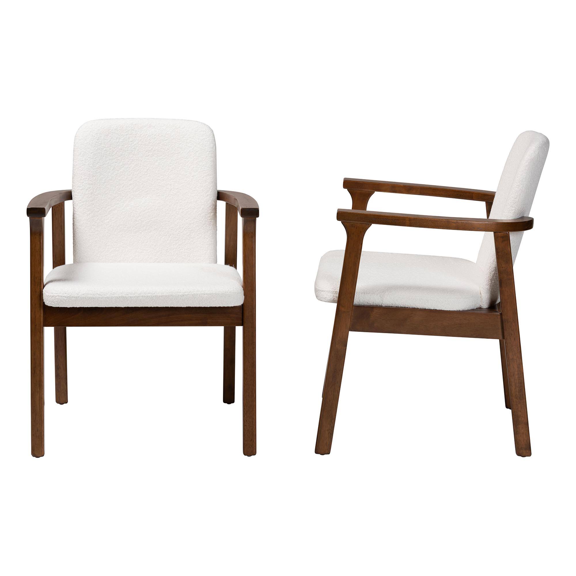Left. Baxton Studio - Miyagi Boucle Upholstered Dining Chair Set of 2- Mid-Century Modern Armchair with Solid Wood Frame and Rounded Backrest - White/Walnut Brown.