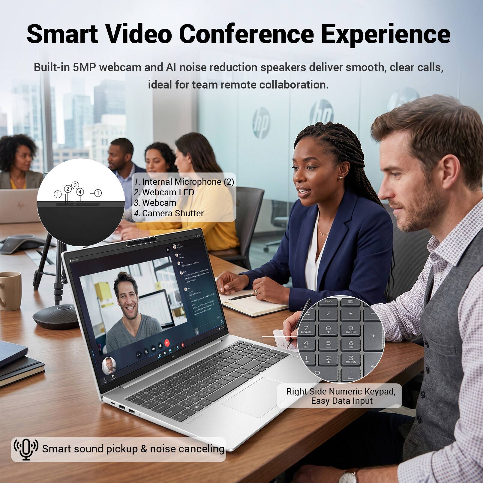 Smart Video Conference Experience

Built-in 5MP webcam and AI noise reduction speakers deliver smooth, clear calls, ideal for team remote collaboration.

1. Internal Microphone (2)
2. Webcam LED
3. Webcam
4. Camera Shutter

Right Side Numeric Keypad, Easy Data Input

Smart sound pickup & noise canceling