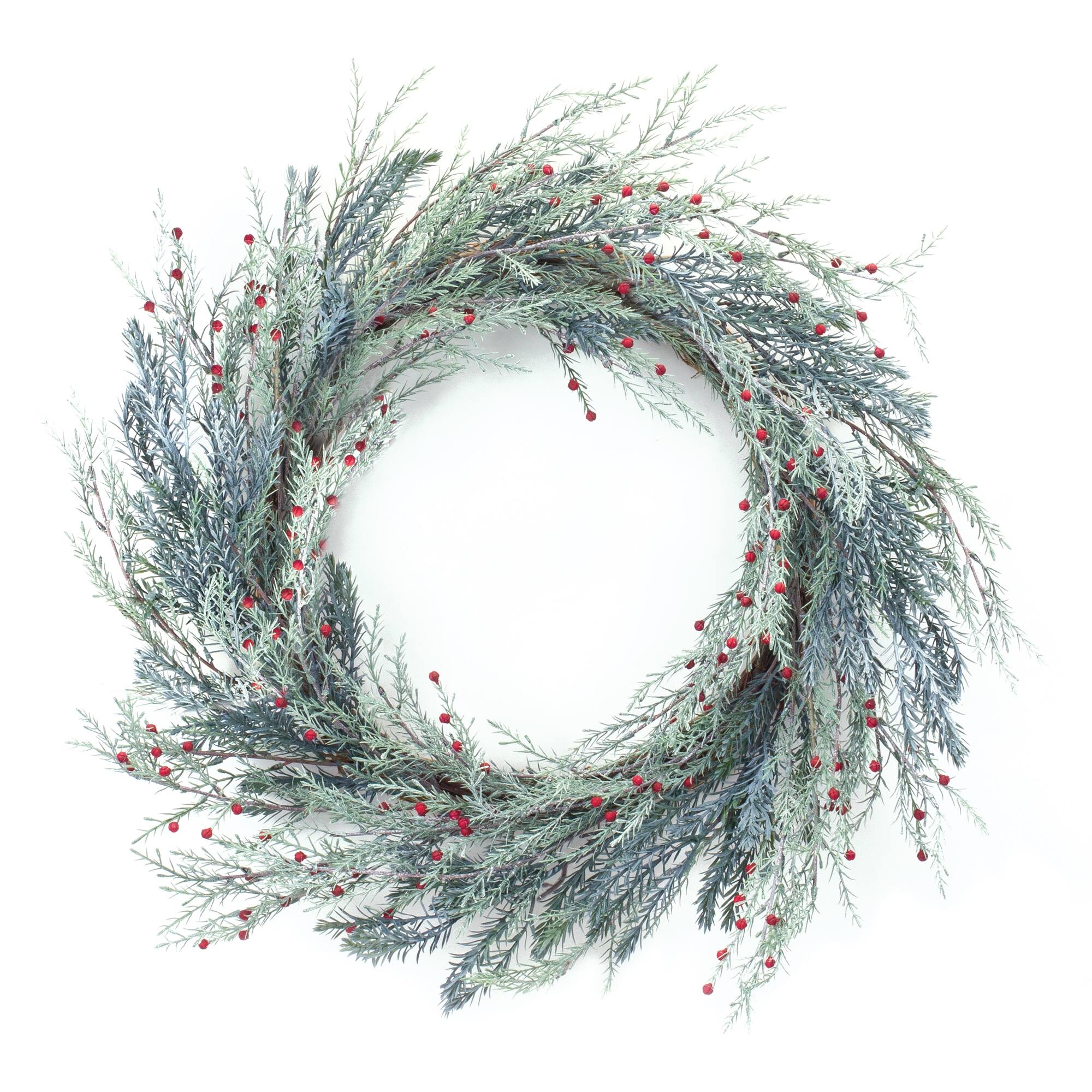 Front. BreeBe - Mixed Pine Berry Wreath 24"D - Red, Green.