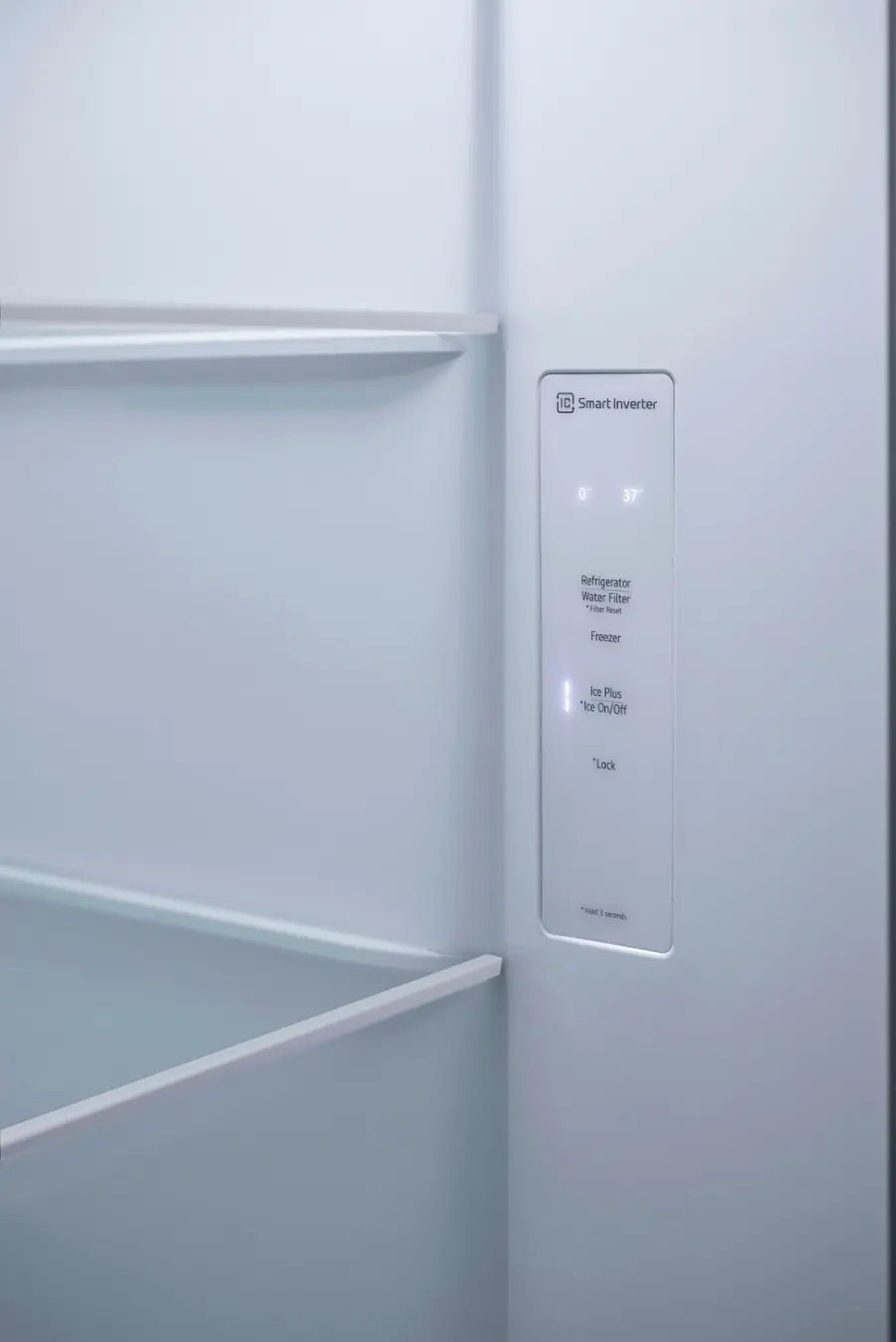 The text on the image says "IC Smart Inverter 0 37 Refrigerator Water Filter He ut Freezer Ice Plus 'Ice On/Off' Lock 'Hold'.