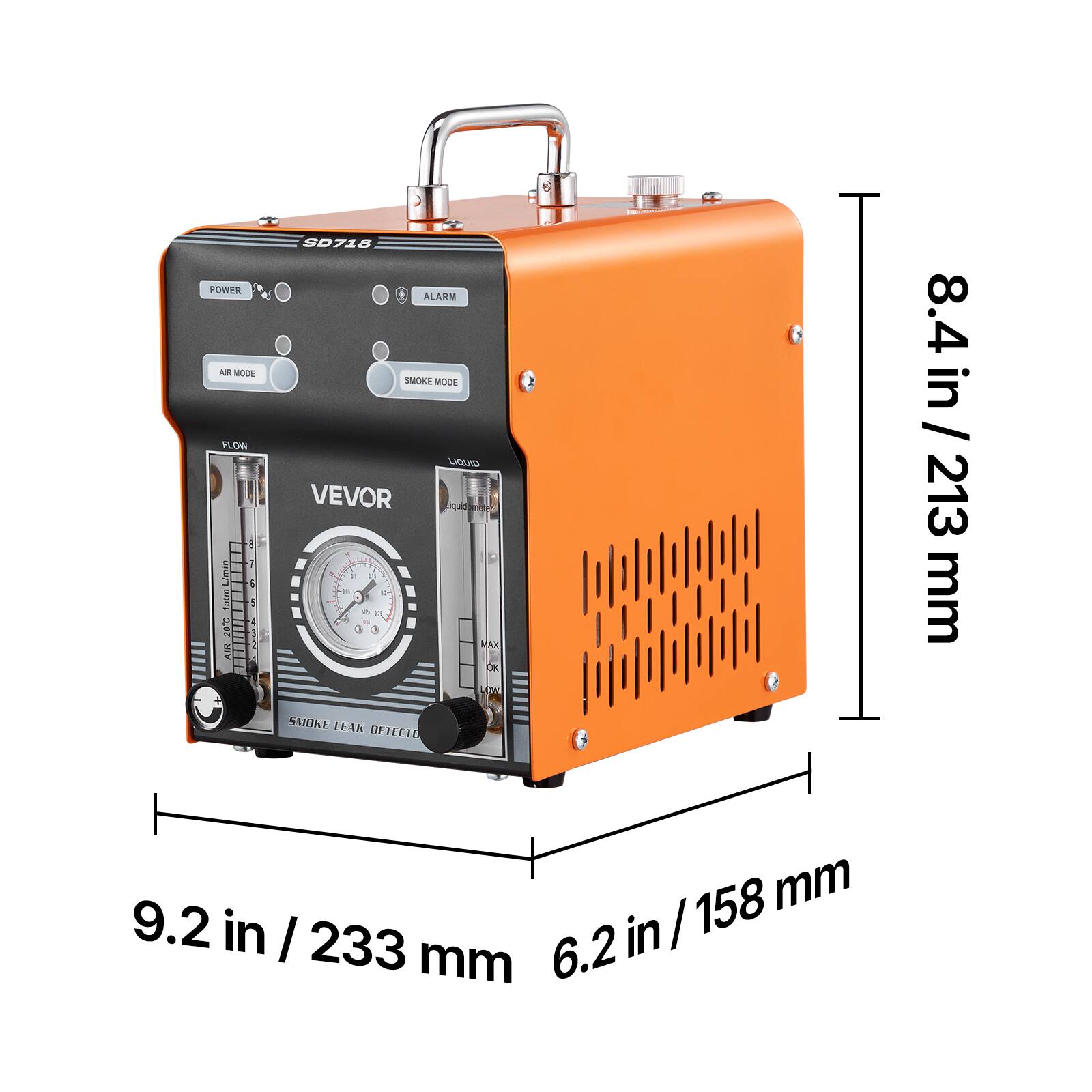 POWER AM RODE FLOW 1 atm Limin & 5 I NRA AIR SD710 ALAKM SMCKE WOOE LIQUI VEVOR . - - 1 - MAX X CW 8.4 in / 213 mm % ILAN DETECTO 158 mm 9.2 in / 233 mm 6.2 in