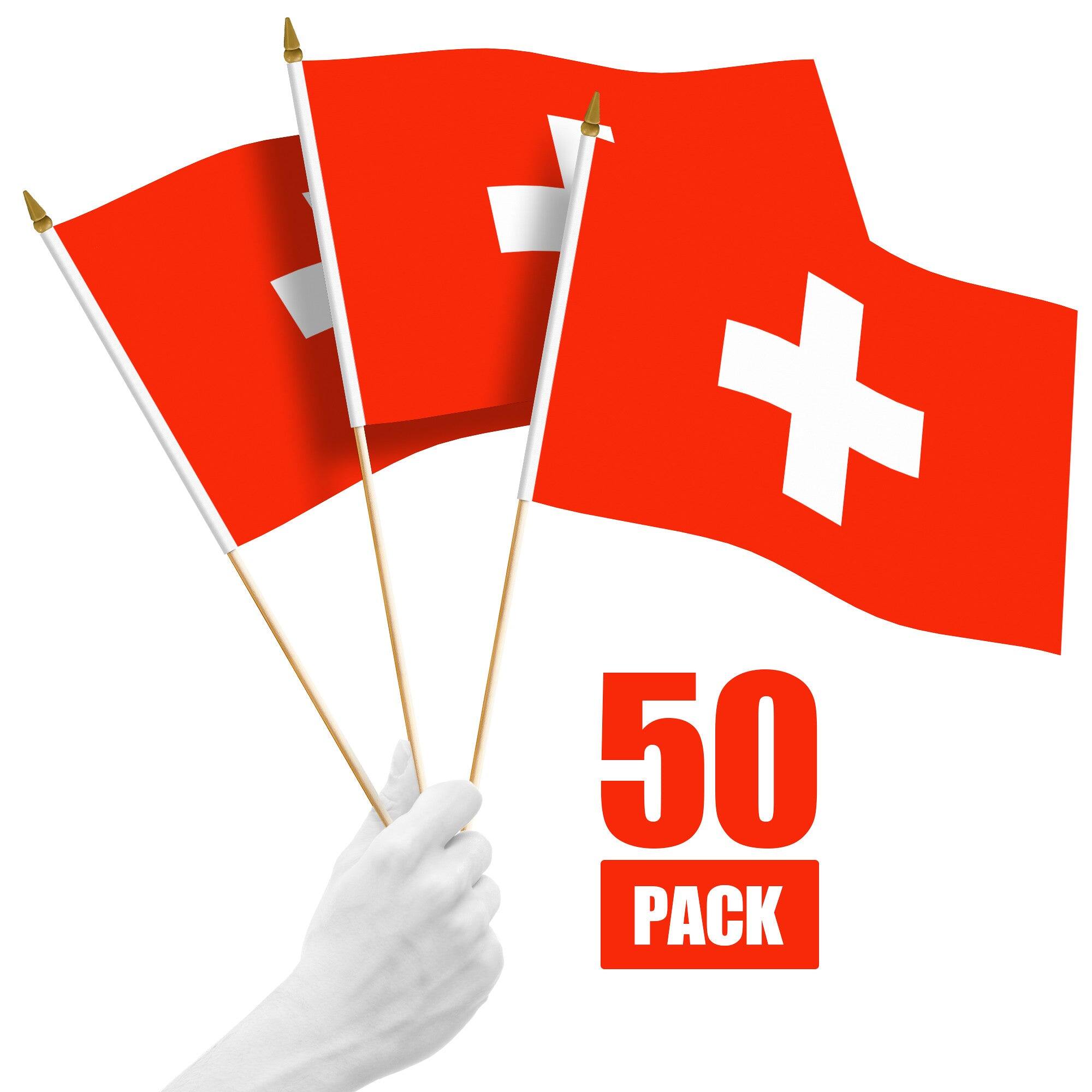 Front. G128 - Switzerland Stick Flags — 50 Pack, 12 x 18 in, 150D Polyester with Wooden Pole and Gold Spear Tip. - Assorted Colors.