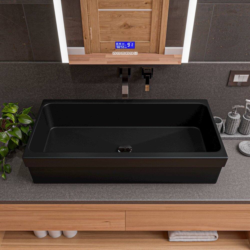 Back. Alfi - 36" Black Matte Above Mount Fireclay Bathroom Trough Sink - Black.