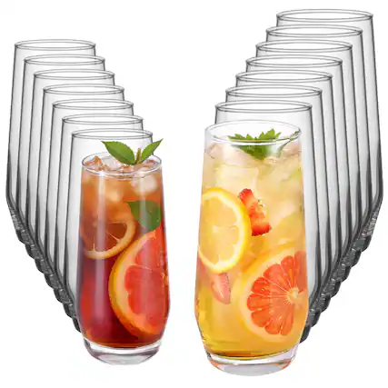 Front. VEVOR - 16-Piece Drinking Glasses Set, Crystal Glassware Collection, Includes 8 Highball Glasses (18.26 Oz) - Transparent.