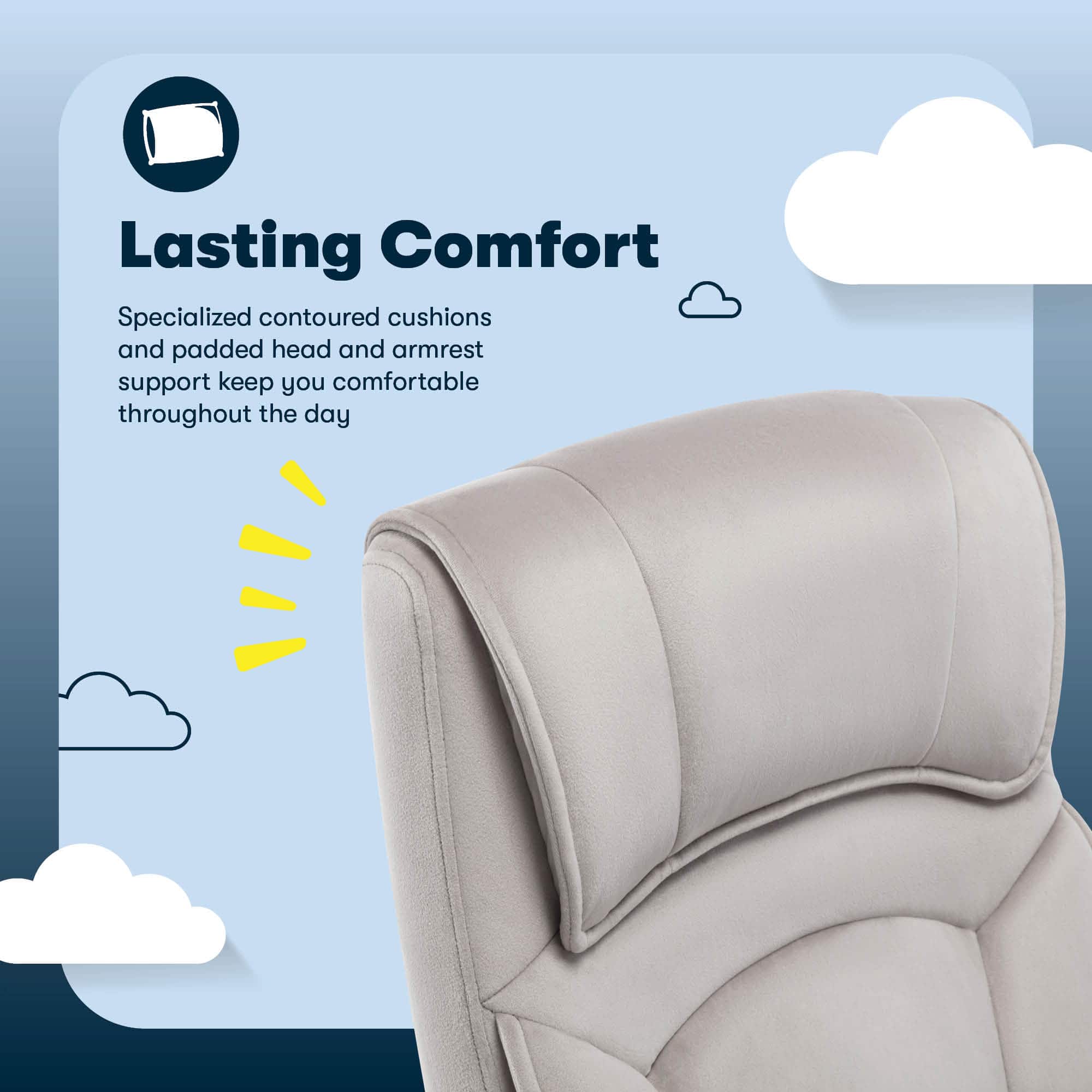 Lasting Comfort Specialized contoured cushions and padded head and armrest support keep you comfortable throughout the day.