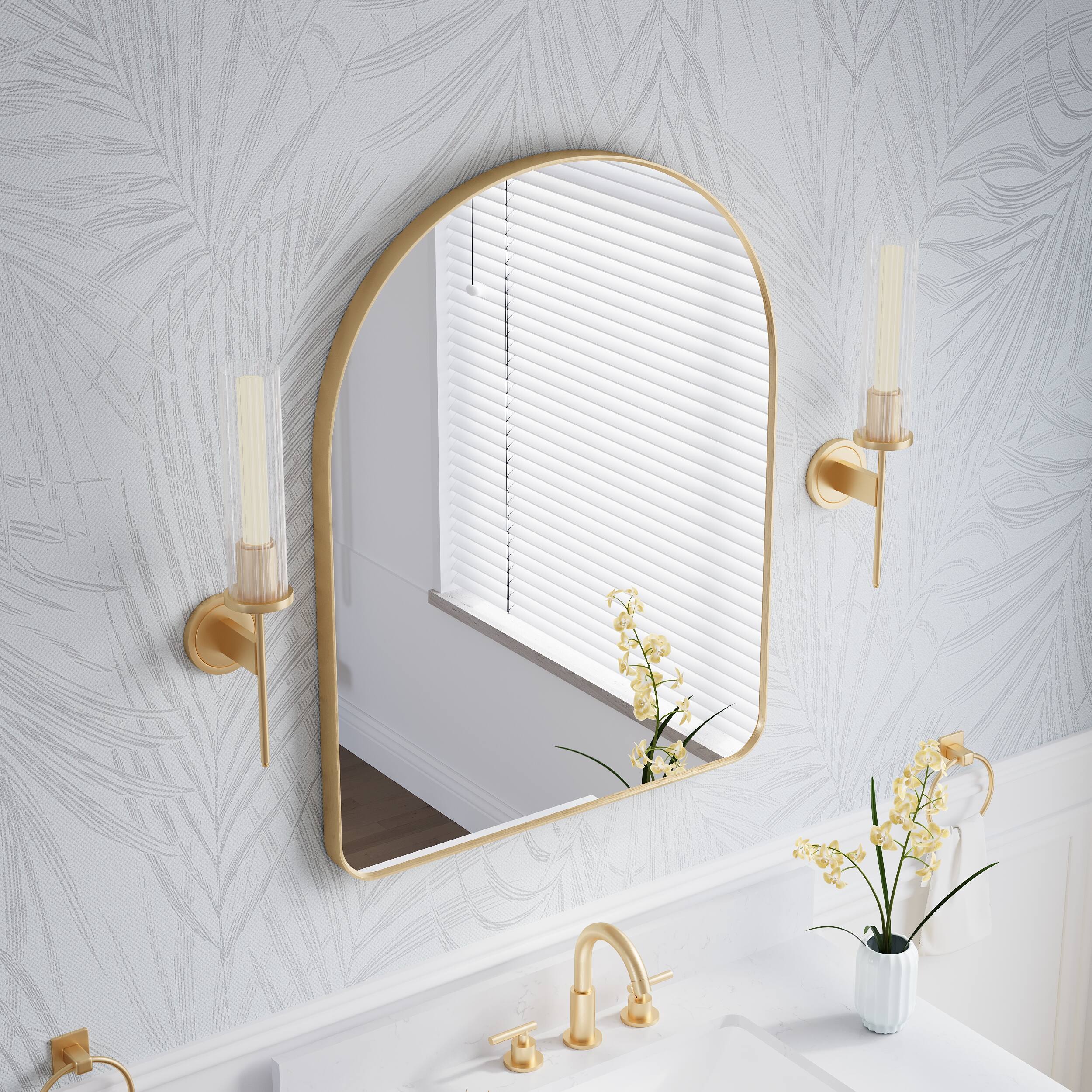Back. WELLFOR - 28 in. W x 36 in. H Arch Anodized Aluminum Framed Bathroom Vanity Mirror - Brushed Gold.