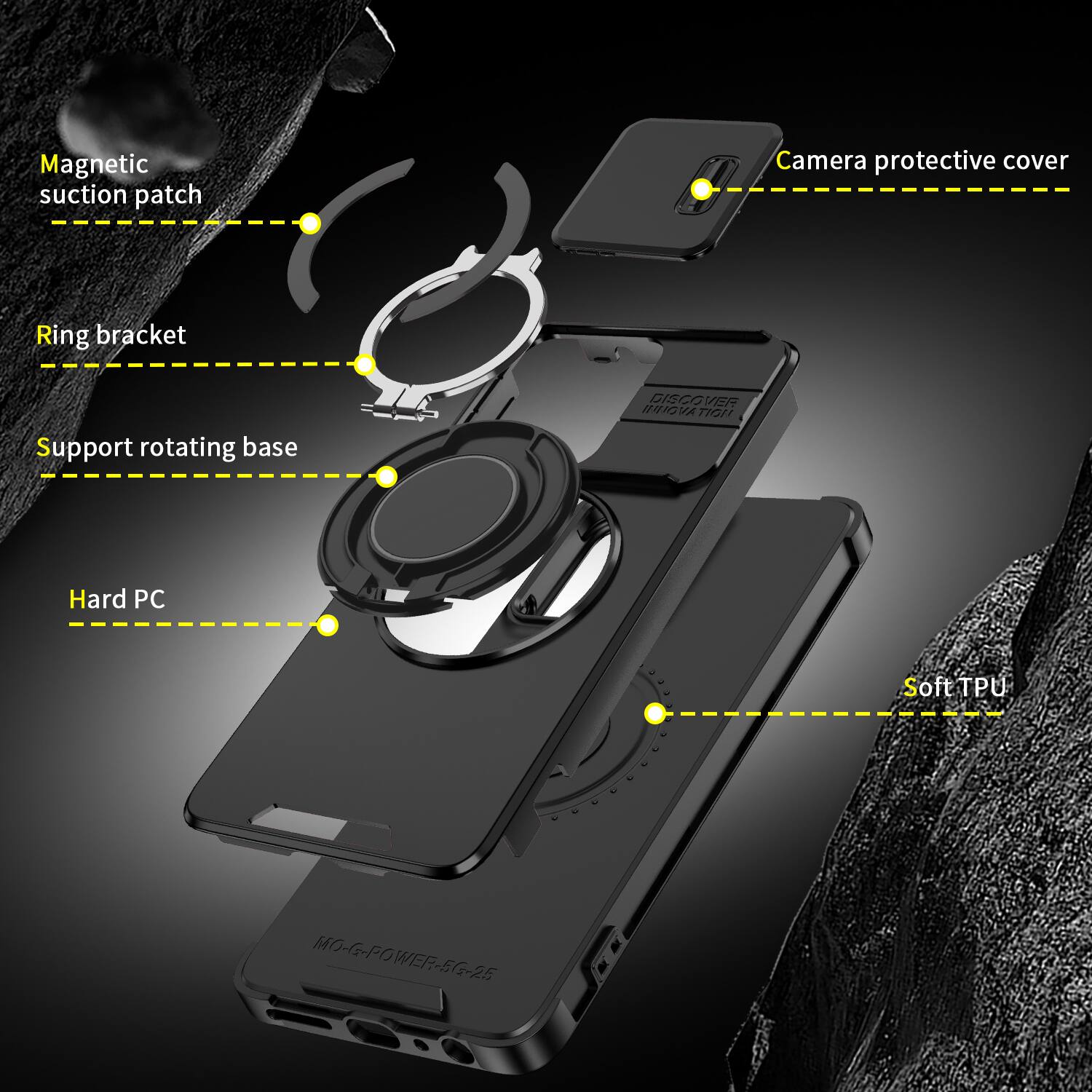 Magnetic suction patch  
Camera protective cover  
Ring bracket  
Support rotating base  
DISCOVER INNOVATION  
Hard PC  
Soft TPU  
MO-G-POWER-5G-25