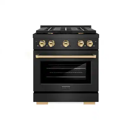 Front. ZLINE - 30 in. Wide 4 Burner ZLINE Autograph 4.2 cu. ft. Manual Clean Freestanding Gas Range with Gold Accents - Black Satin Stainless Steel.