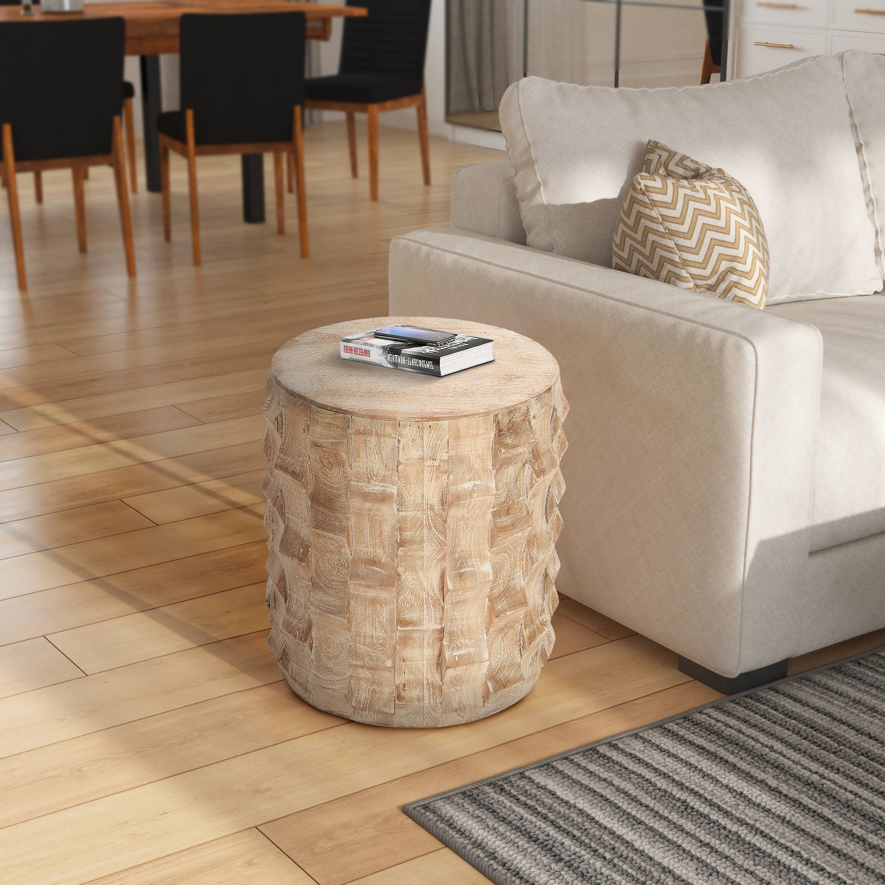 Alt View 9. Manhattan Lane - 20 Inch Side End Table, Round Drum Shape with 3D Textured Design - White.