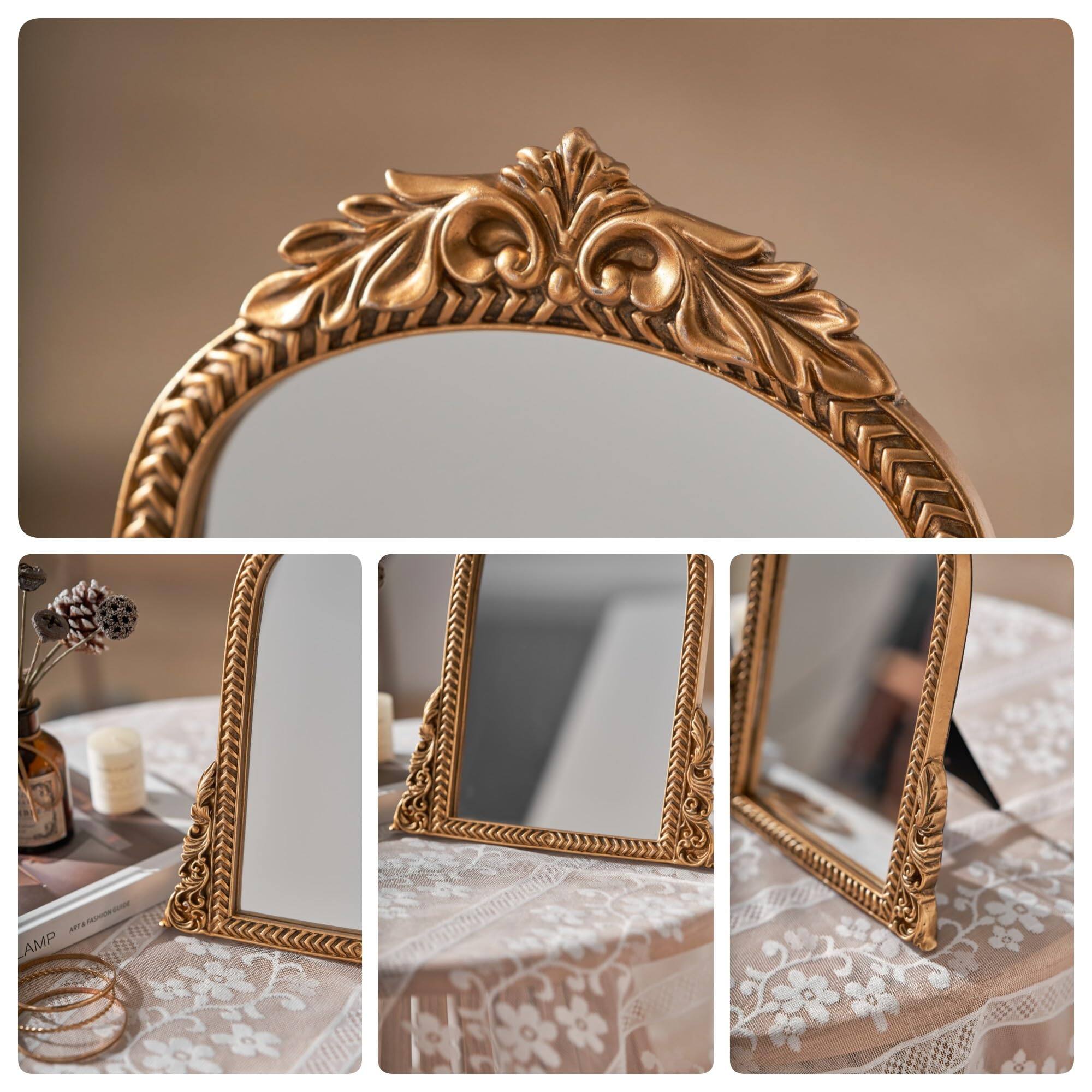 Alt View 2. Pacoar Cade - Antique Mirror Vintage Arch Carved Frame Vanity Makeup Desk For Bedroom Living Room Or Table Decor - Default.