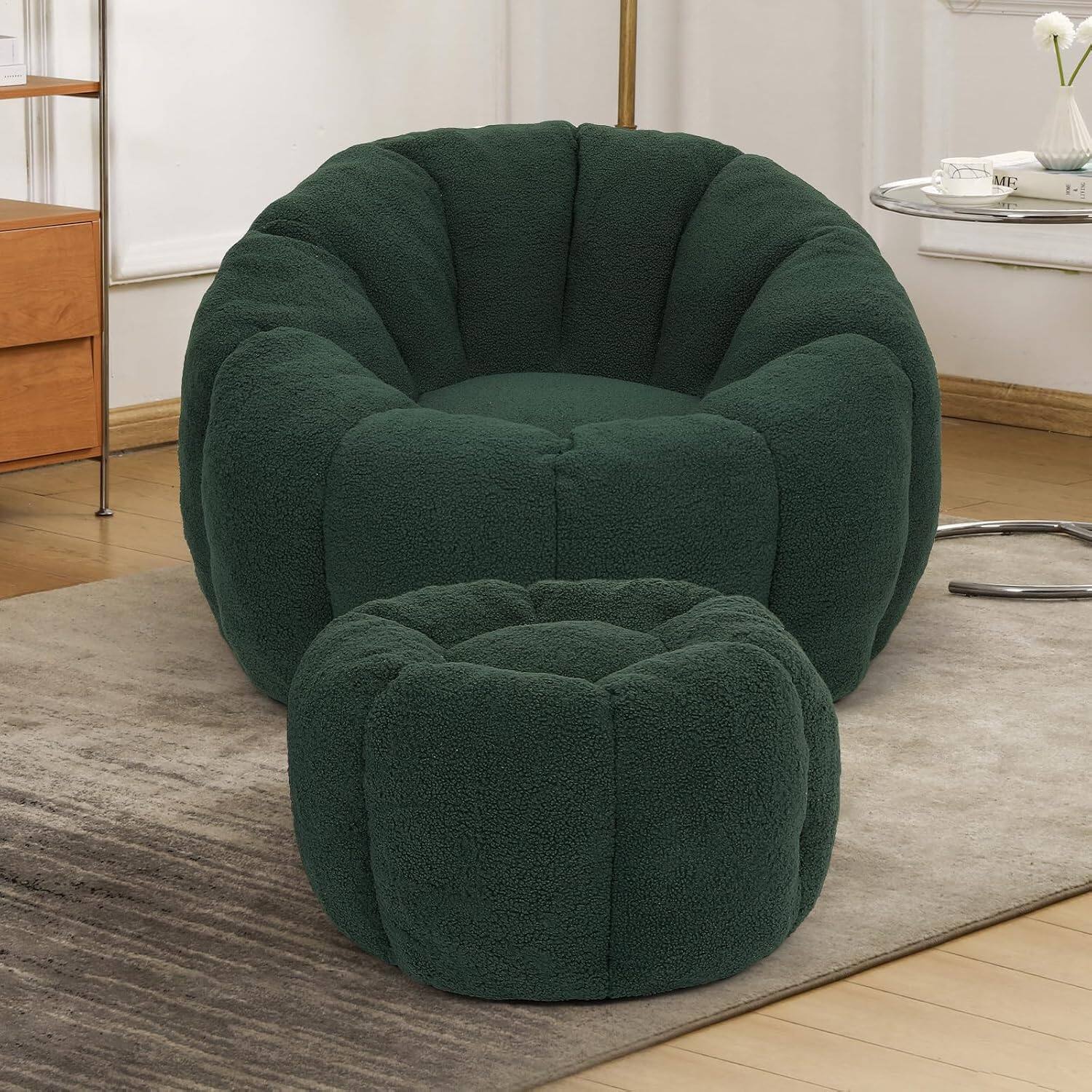 Alt View 2. Trinkets Crazed - Tufted Teddy Plush Bean Bag Chair & Footrest Ottoman, Oversized Comfy Lounge Sofa - green.