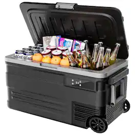 SIMZLIFE - 12 Volt Car Refrigerator - 80QT (75L) Portable Wheeled Design, RV-Friendly, 0℉~68℉, 12/24V DC & 110-240V AC - Black