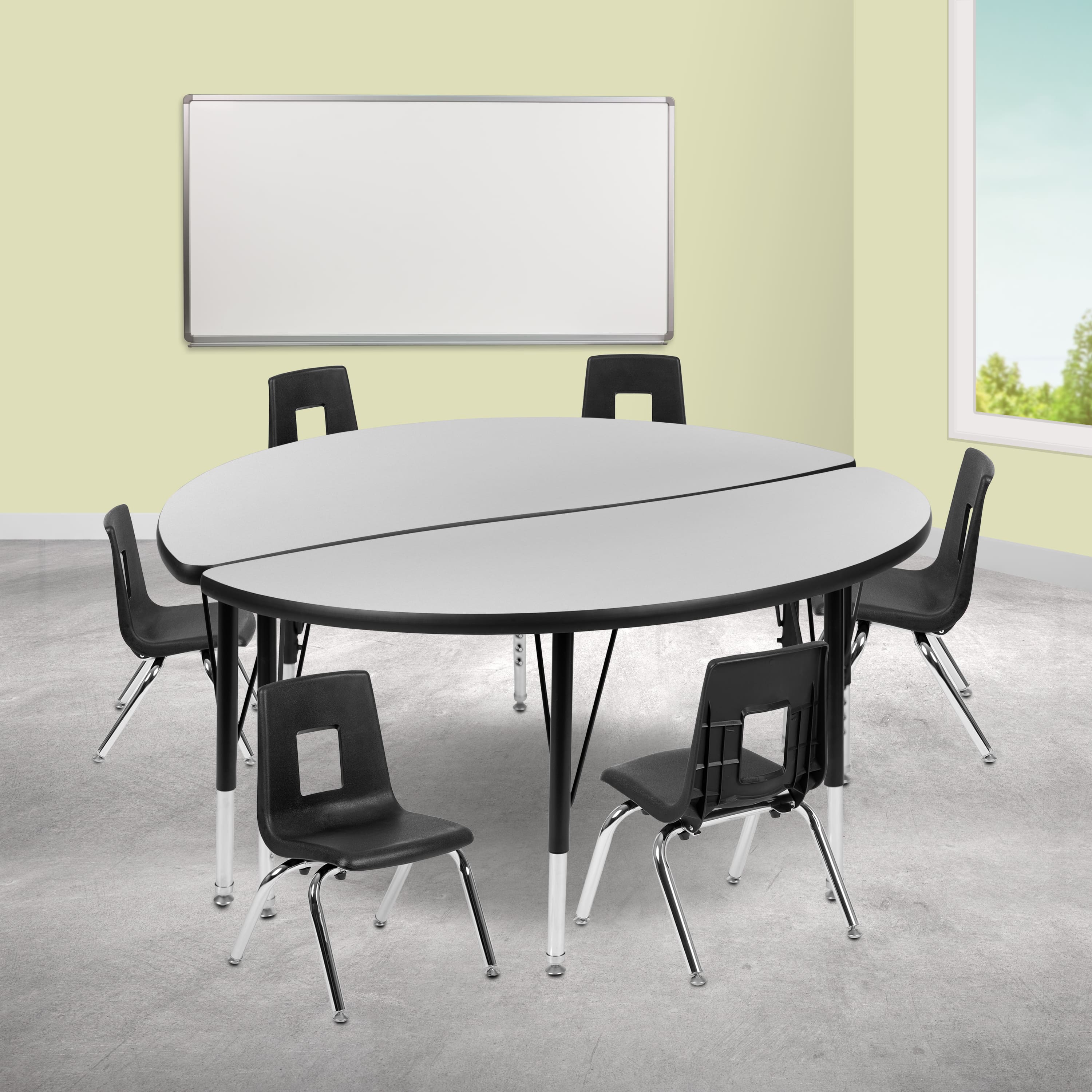 "Emma + Oliver - 47.5"" Circle Wave Collaborative Laminate Activity Table Set with 12"" Student Stack Chairs, Grey/Black - Gray" price history on PriceWatchPro