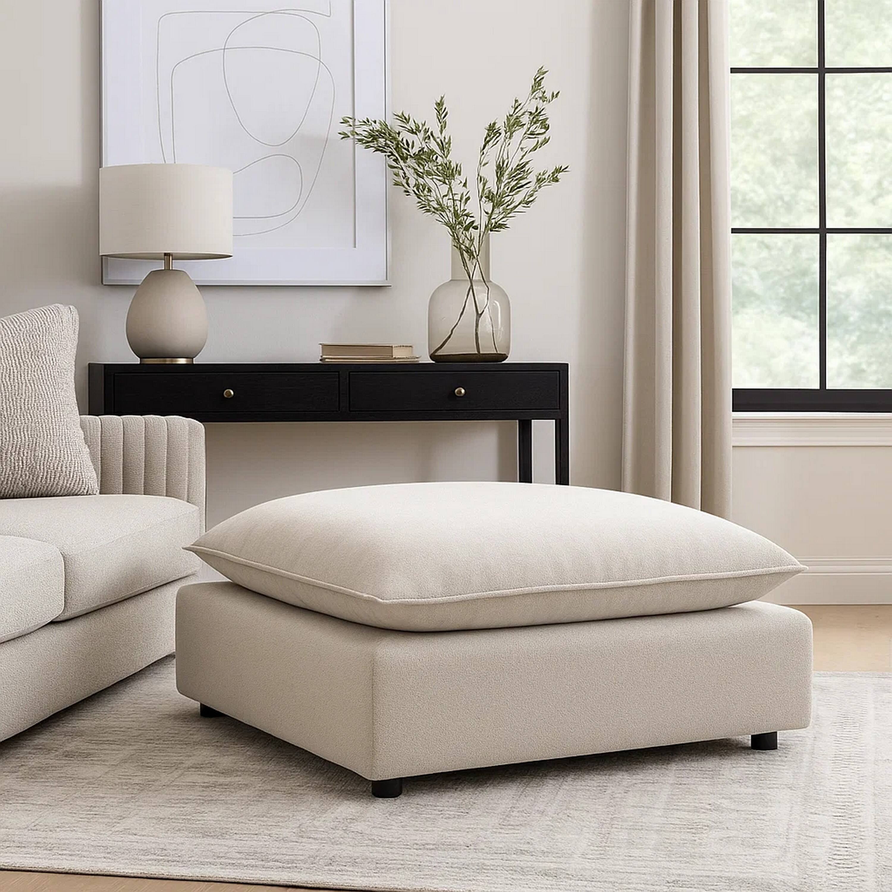 Alt View 5. Manhattan Lane - 37 Inch Modular Ottoman, Feather Down and Cotton Fill Seat, Beige Boucle - Beige, Black.