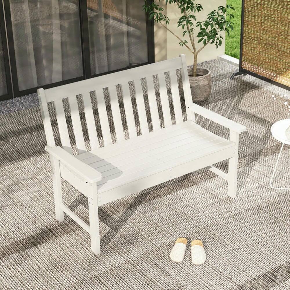 Left. Kadyn - Garden Bench, Patio Bench, 52 Inch All-Weather HDPE Outdoor Bench with Backrest and Armrests-White - White.