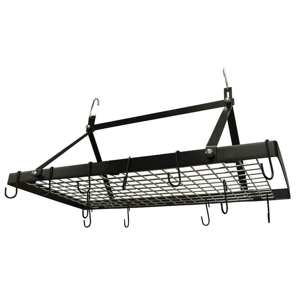 Front. SlickBlue - Black Metal Rectangular Hanging Pot Rack with 12 Hooks, Heavy-Duty 40 lb Capacity - Black.