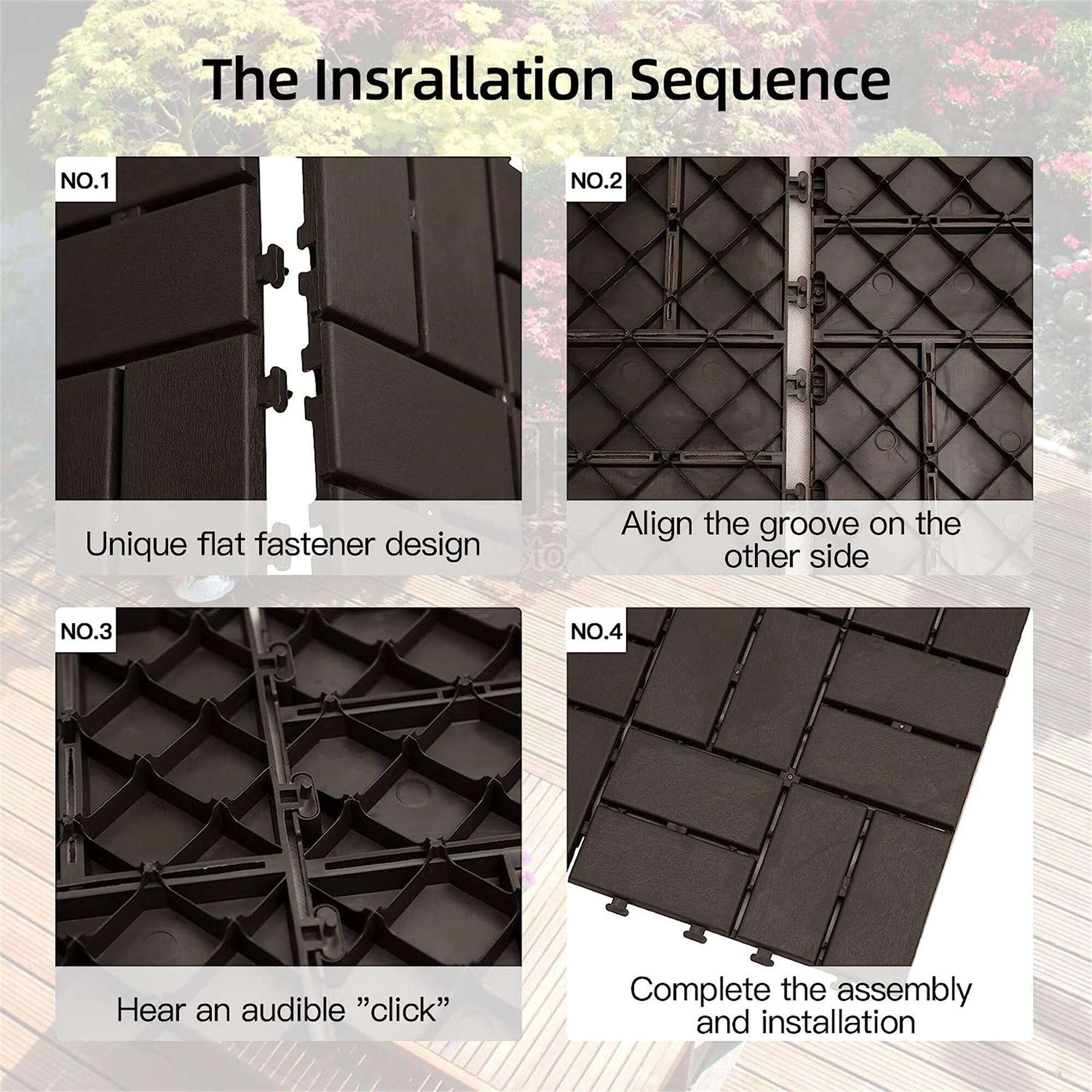 The Installation Sequence

NO.1  
Unique flat fastener design

NO.2  
Align the groove on the other side

NO.3  
Hear an audible "click"

NO.4  
Complete the assembly and installation
