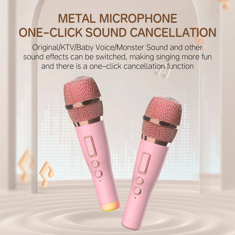 METAL MICROPHONE  
ONE-CLICK SOUND CANCELLATION  

Original/KTV/Baby Voice/Monster Sound and other 98 sound effects can be switched, making singing more fun and there is a one-click cancellation function.