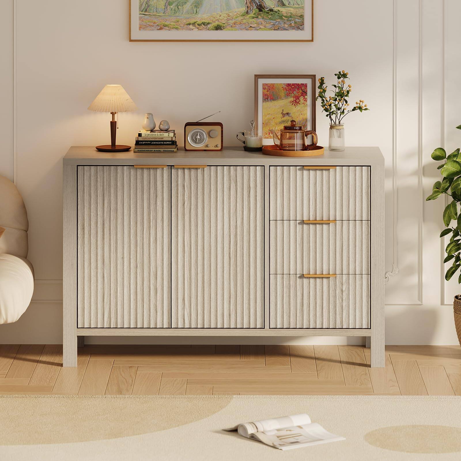 Alt View 2. Babevy - 47" Fluted Sideboard Buffet Cabinet with 3 Drawers & 2 Doors, Wooden Credenza - Natural Oak.
