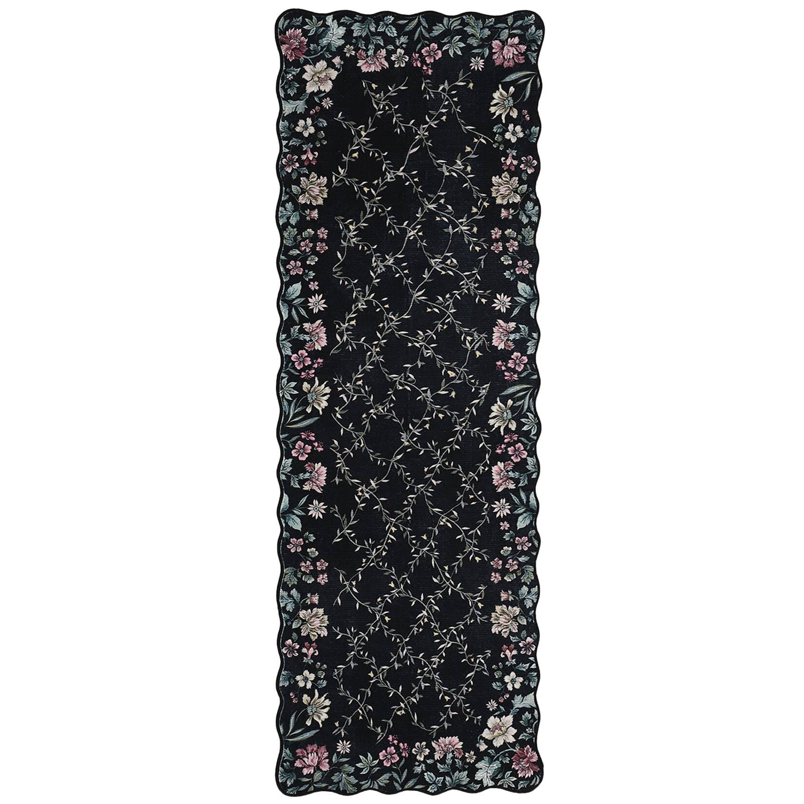 Acekool - Floral Irregular Edge 2'X6' Carpet Indoor Non Slip Washable Boho Vintage Entry Rug Low Pile Throw Rugs for Entryway - Black