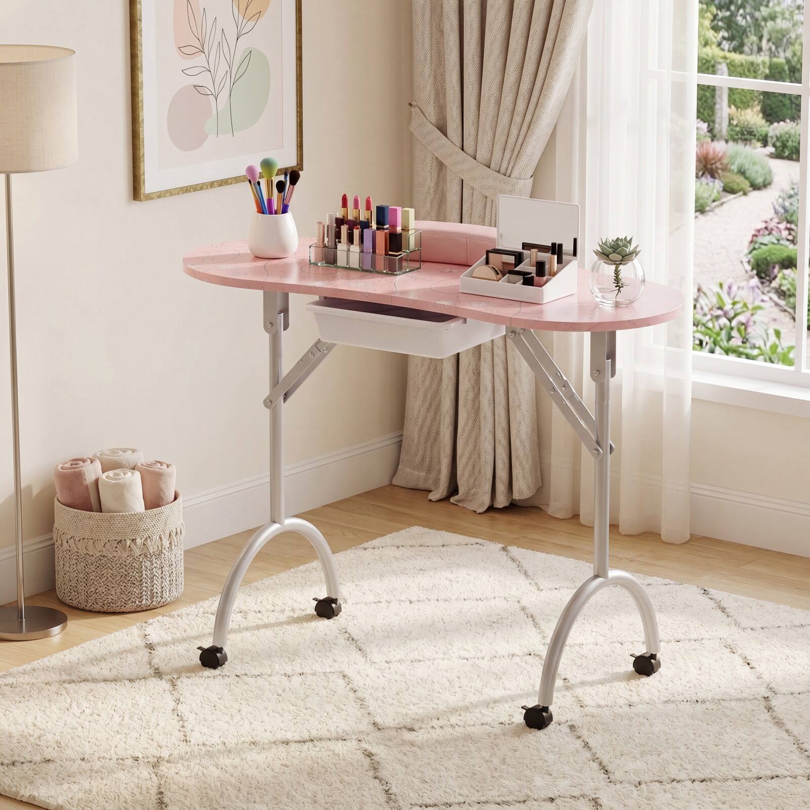 Alt View 3. Costway - Costway Portable Foldable Manicure Table with 4 Lockable Wheels Drawer Bag Wrist Rest - Pink.