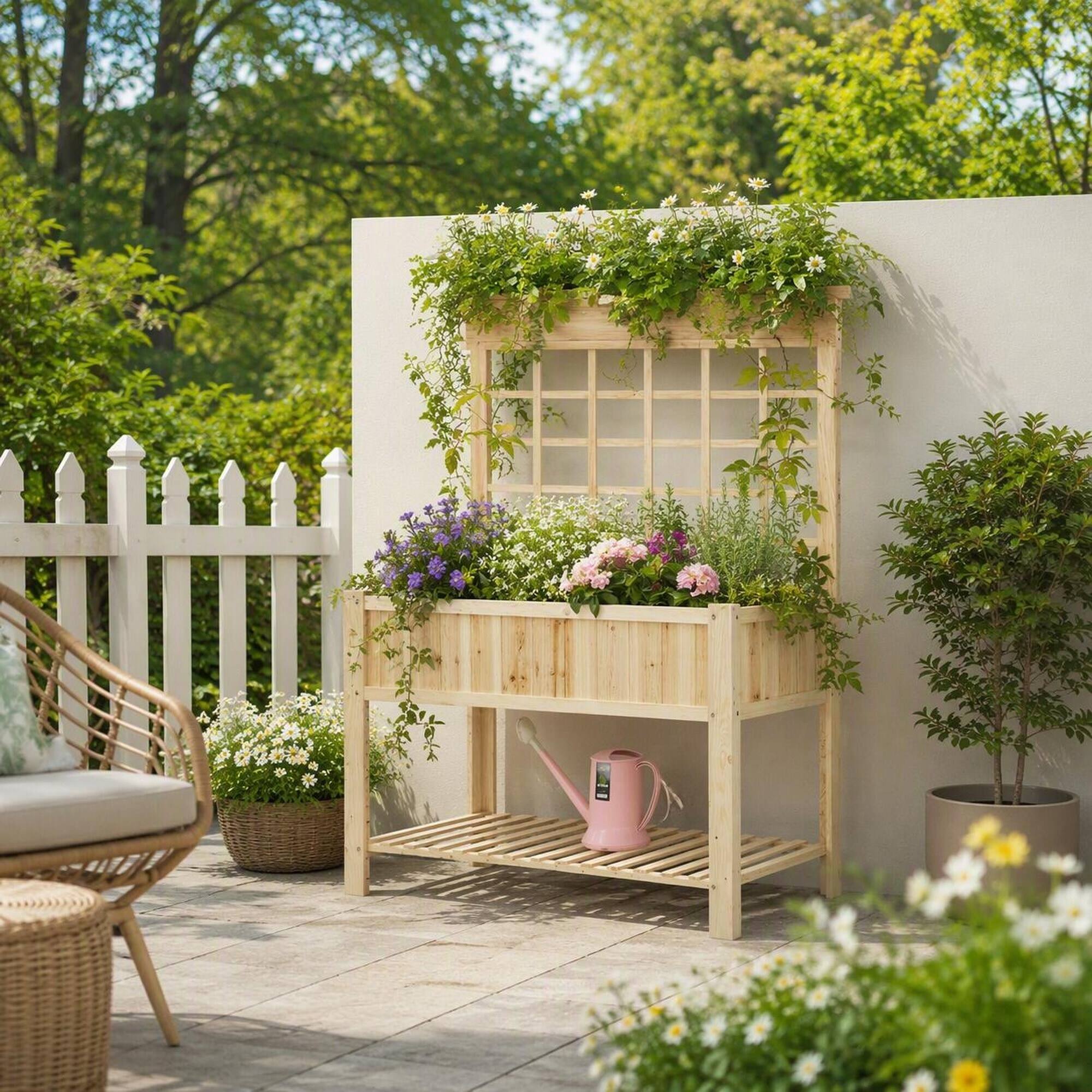 Back. RYHNUYNE - Wooden Raised Garden Bed with Stand, Elevated Planter Box with Storage Shelf for Patio, Balcony, Backyard - Natural.
