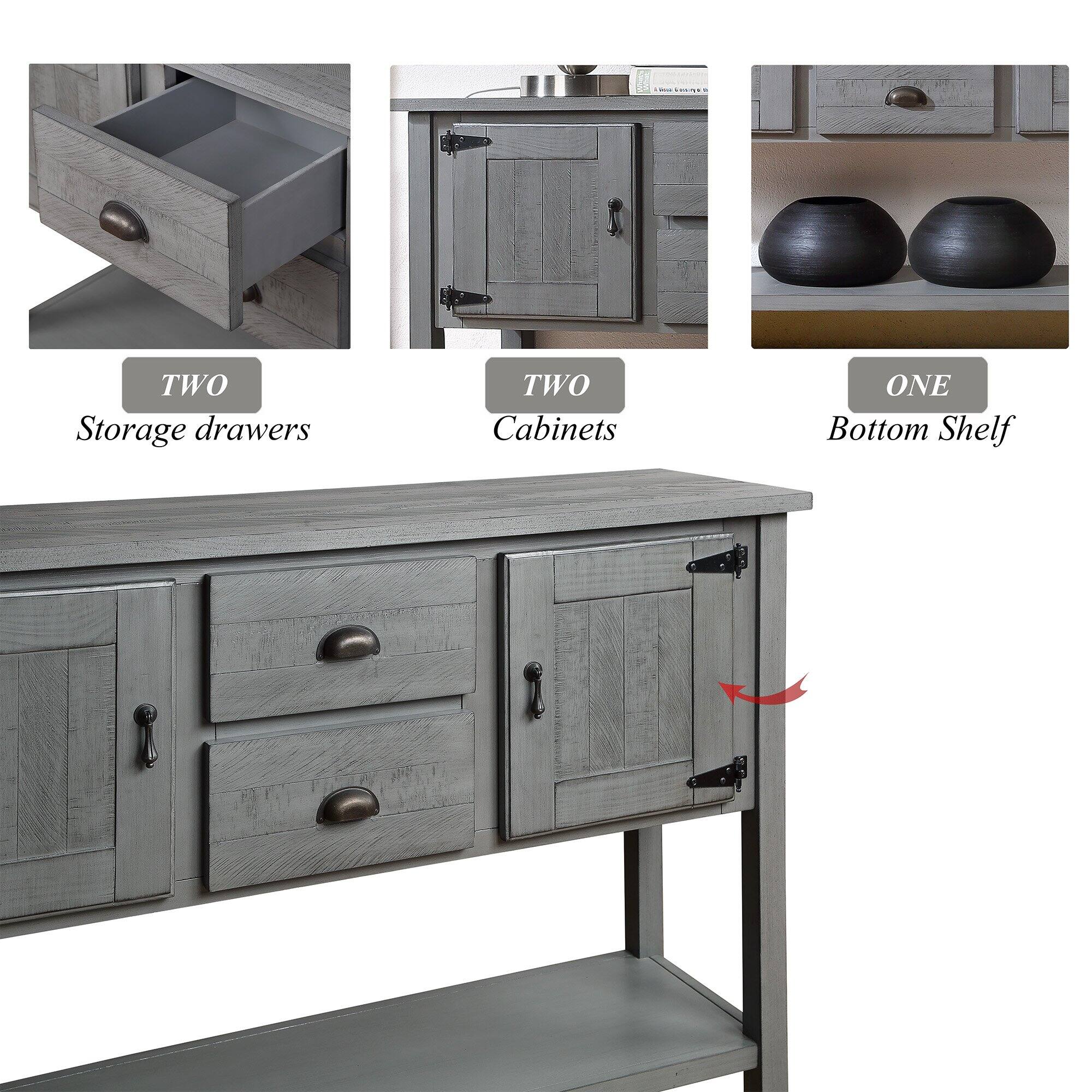 - TWO Storage drawers
- TWO Cabinets
- ONE Bottom Shelf