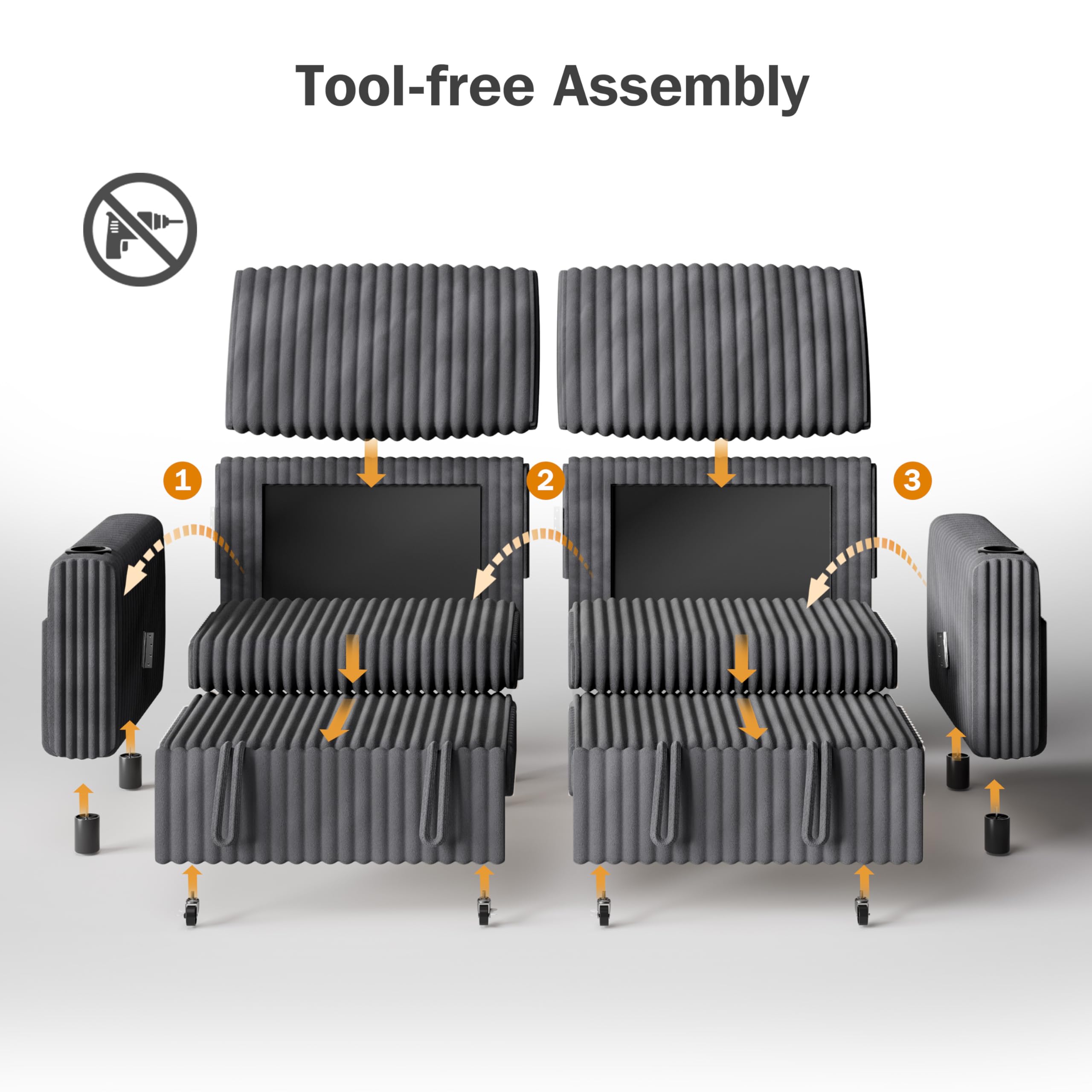 Tool-free Assembly

1. Place the bottom section.
2. Attach the middle section.
3. Attach the top section.