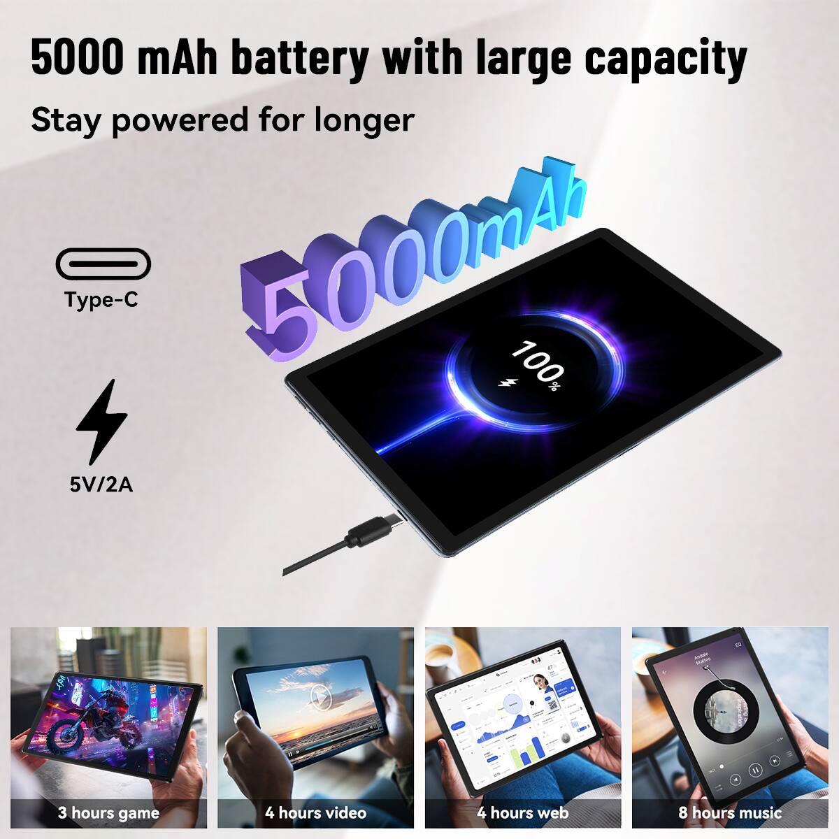 5000 mAh battery with large capacity Stay powered for longer Type-C 5000 mAh 100 % 5V/2A

Andale BOOK
:
R
3 hours game
4 hours video
4 hours web
8 hours music