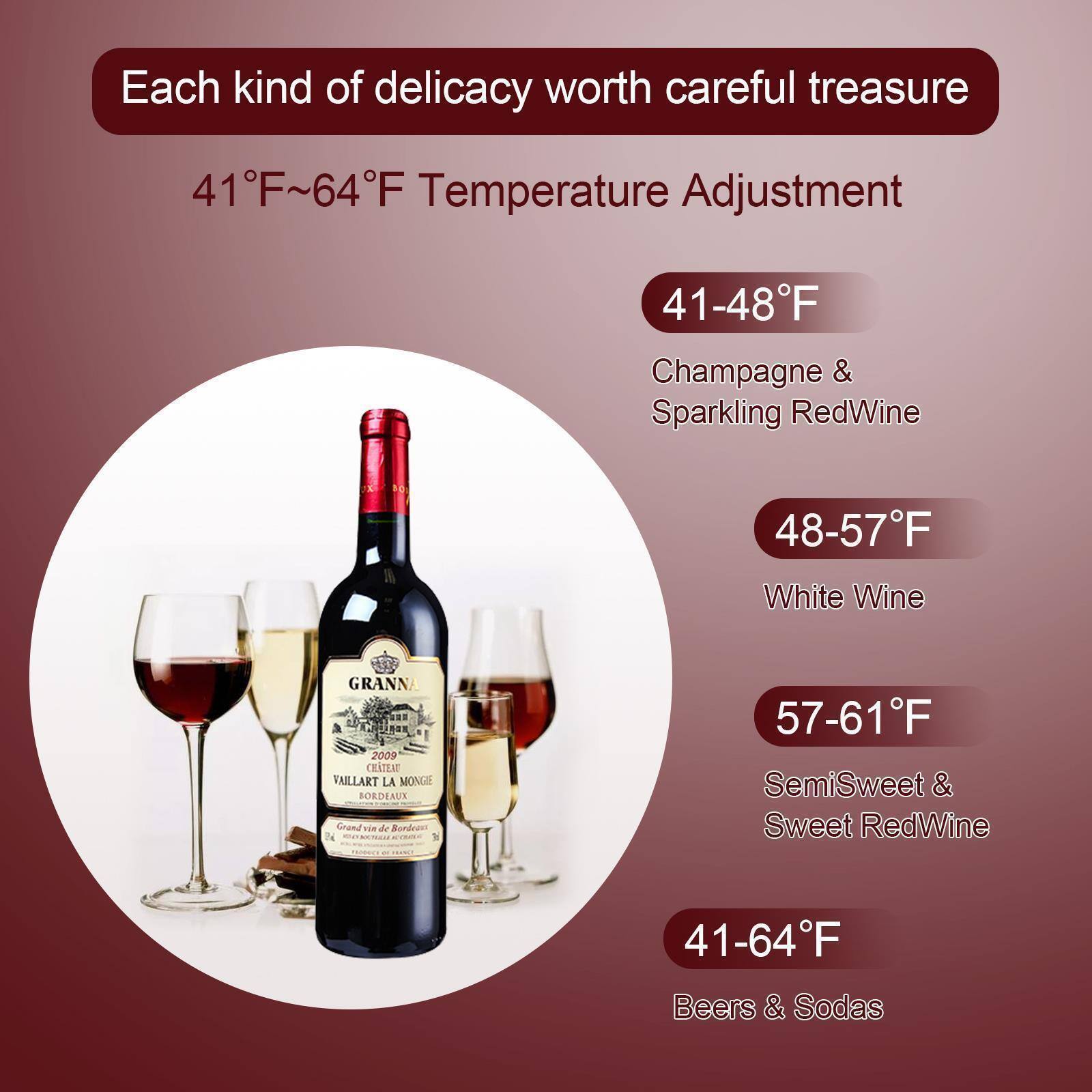 Each kind of delicacy worth careful treasure

41°F~64°F Temperature Adjustment

41-48°F
Champagne & Sparkling Red Wine

48-57°F
White Wine

57-61°F
SemiSweet & Sweet Red Wine

41-64°F
Beers & Sodas