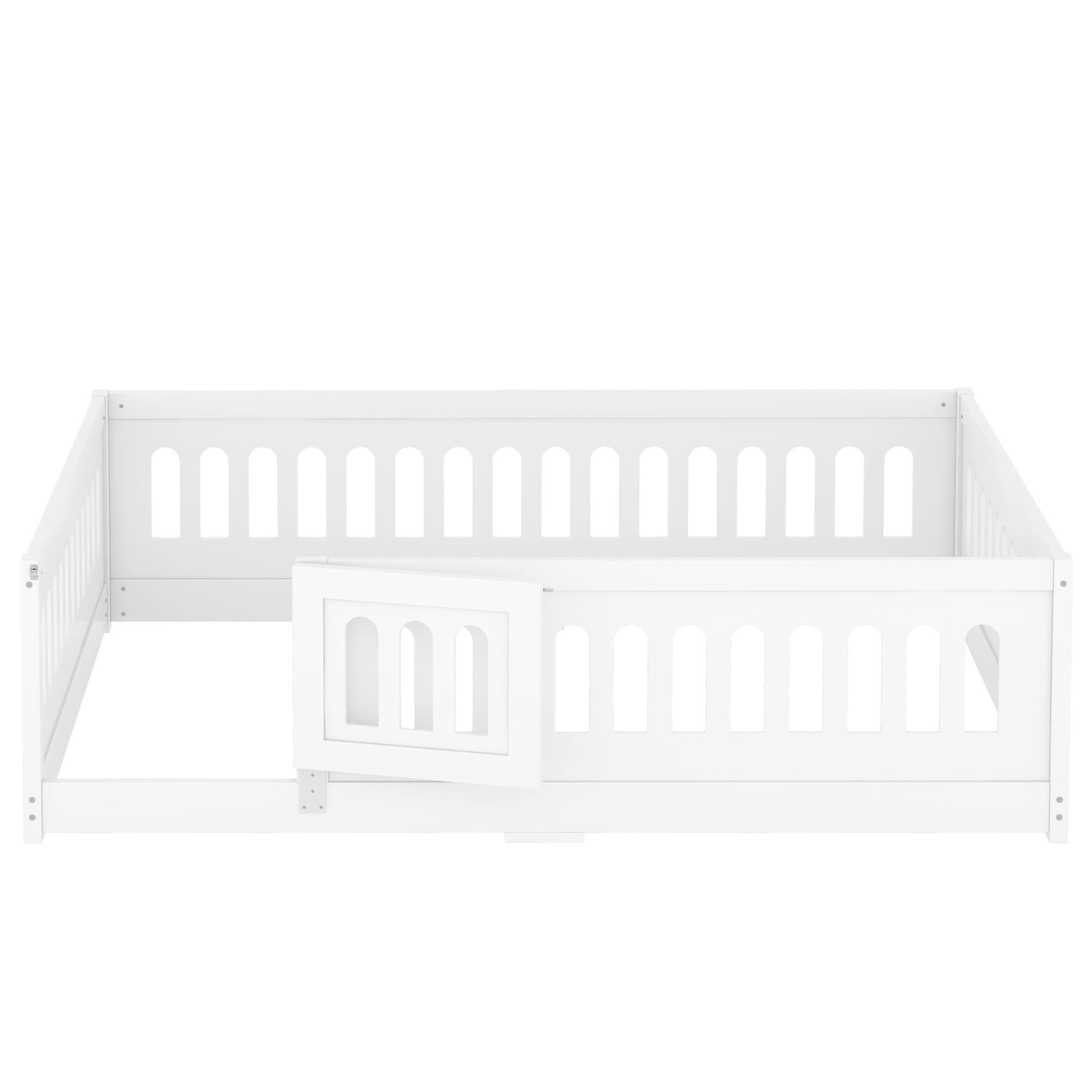 Alt View 5. Tiramisubest - Full Size Floor Bed with Heightened Safety Guardrails and Door, Solid Wood Bedframe with Rails No Slats Included, White - White.