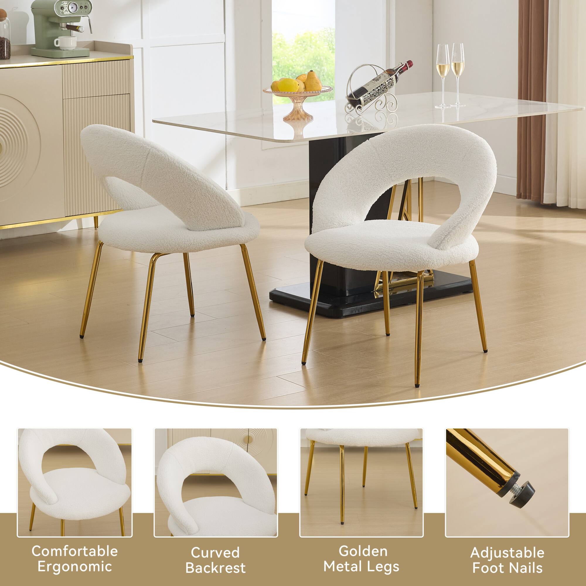 A Comfortable Ergonomic Curved Backrest Golden Metal Legs Adjustable Foot Nails