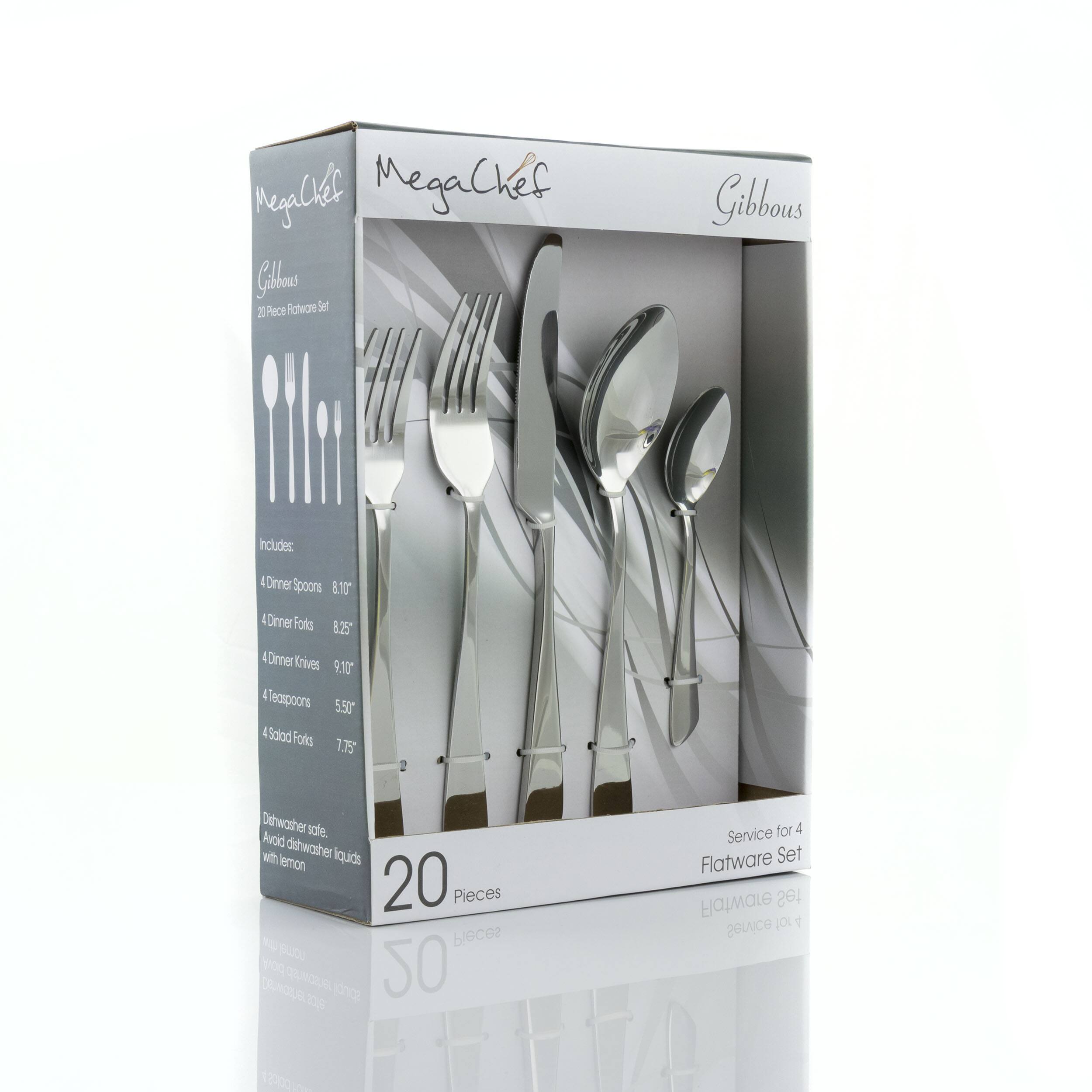 MegaChef Gibbous 20 Piece Flatware Set includes 4 Dinner Spoons 8.10" 4 Dinner Forks 8.25 4 Dinner Knives 9.10 4 Teaspoons 5.50 4 Salad Forks 7.75 Gibbous Dishwasher safe. Avoid dishwasher liquids with lemon 20 Pieces Service for 4 Flatware Set