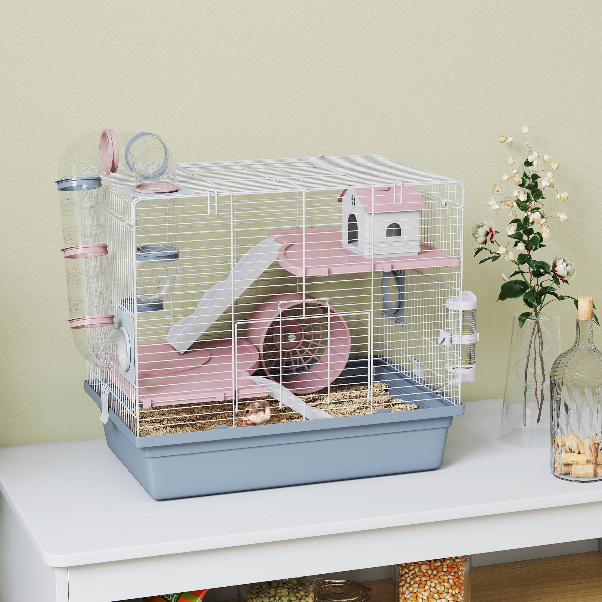 Pawhut Cage, 3 Tier Small Animal Cage with Exercise Wheel, Food Bowl ...