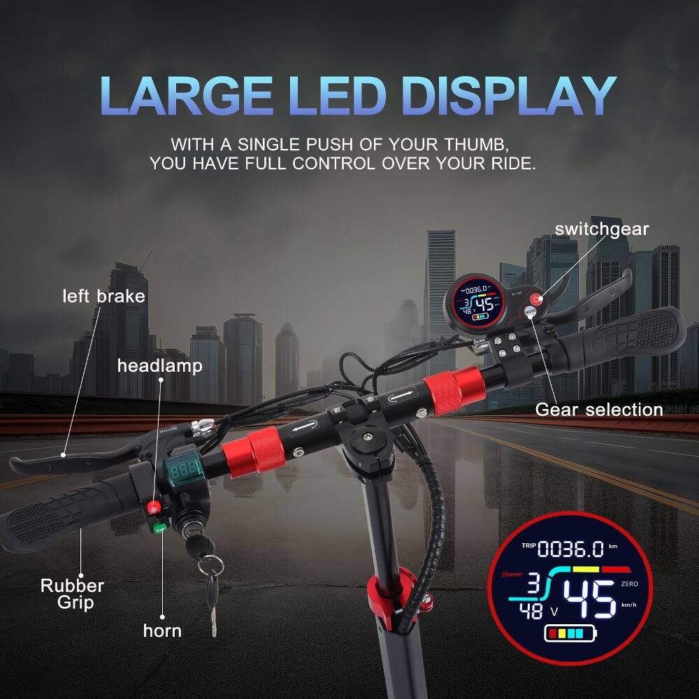 LARGE LED DISPLAY  
WITH A SINGLE PUSH OF YOUR THUMB, YOU HAVE FULL CONTROL OVER YOUR RIDE.  

- switchgear  
- left brake  
- headlamp  
- Gear selection  
- Rubber Grip  
- horn  

0036.0  
3 45  
48 V  
ZERO