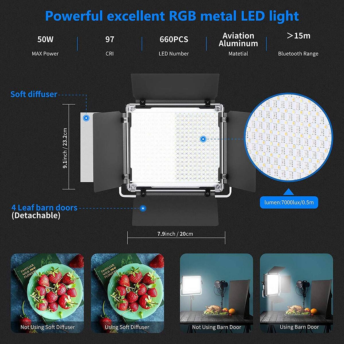 Powerful excellent RGB metal LED light  
50W MAX Power  
97 CRI  
660PCS LED Number  
Aviation Aluminum  
>15m Bluetooth Range  
Soft diffuser: 9.1inch / 23.2cm  
4 Leaf barn doors (Detachable): 7.9inch / 20cm  
Lumen: 7000lux/0.5m  

Not Using Soft Diffuser  
Using Soft Diffuser  
Not Using Barn Door  
Using Barn Door