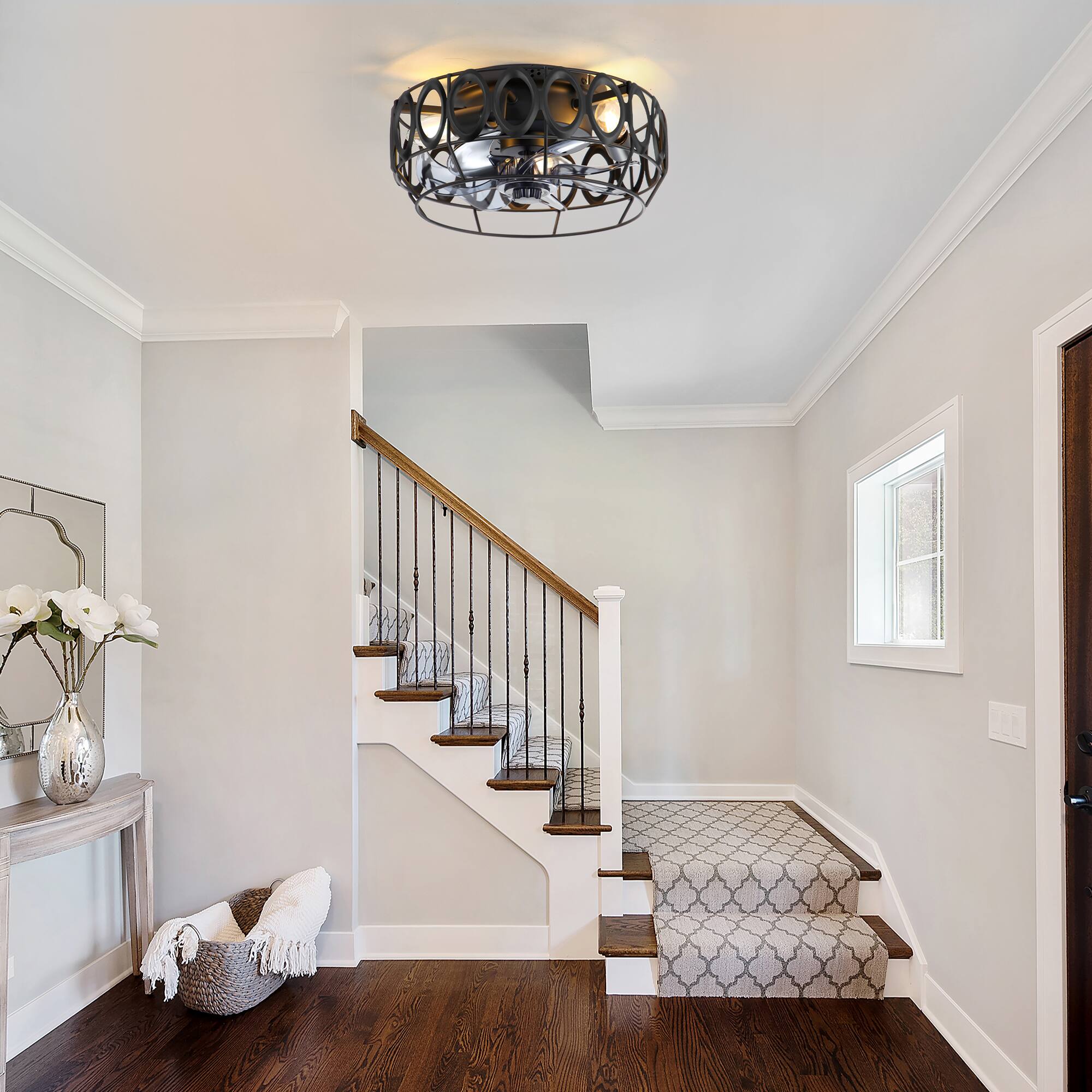 Alt View 2. Breezary - 13'' Flush Mount Mini Small Ceiling Fan with Light Fixture, Remote, DC Motor, Farmhouse Cage Design for Bedroom - Matte Black.