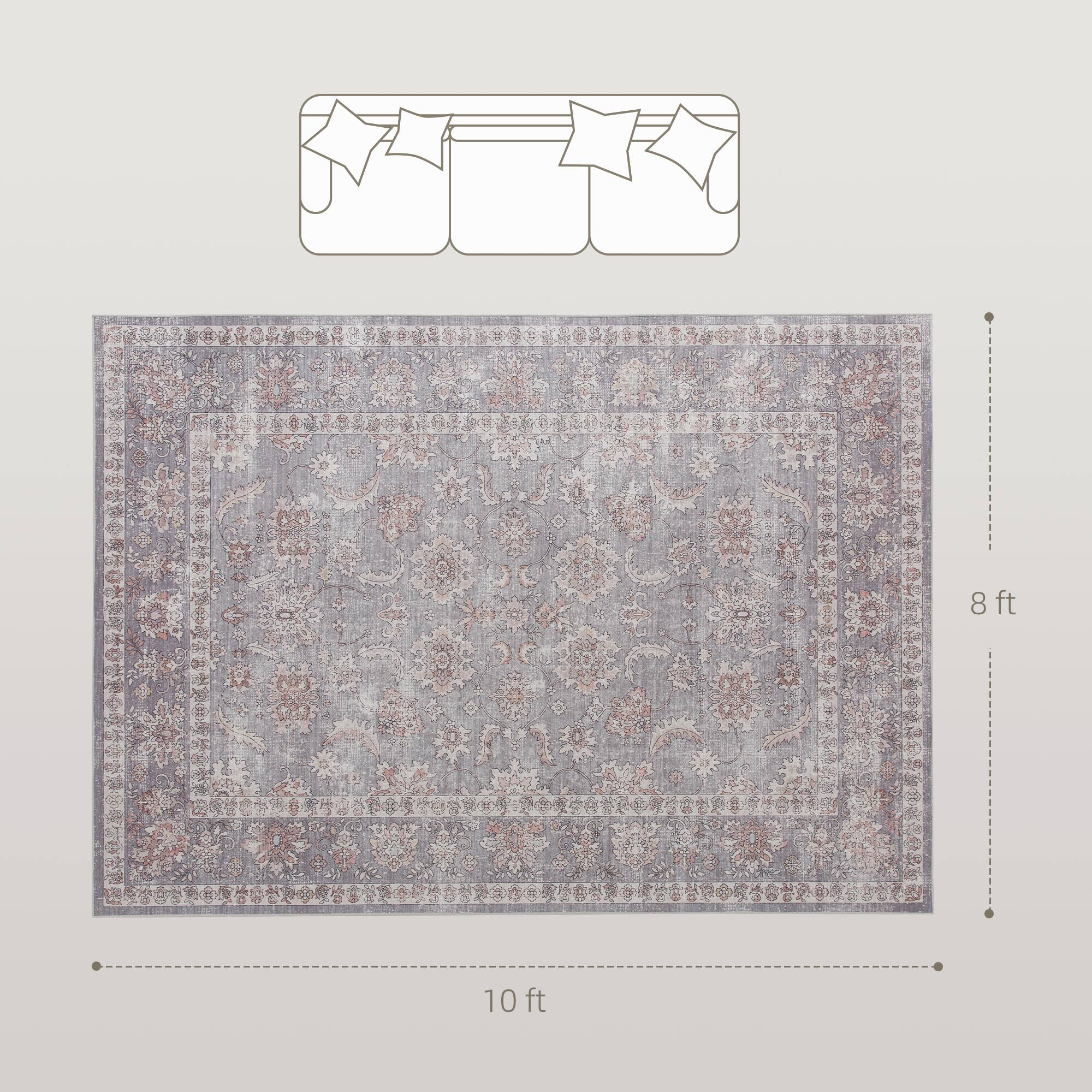 Alt View 2. Homcom - Area Rug 8x10, Machine Washable Non-Slip Traditional Flower Print Floor Cover - Grey.